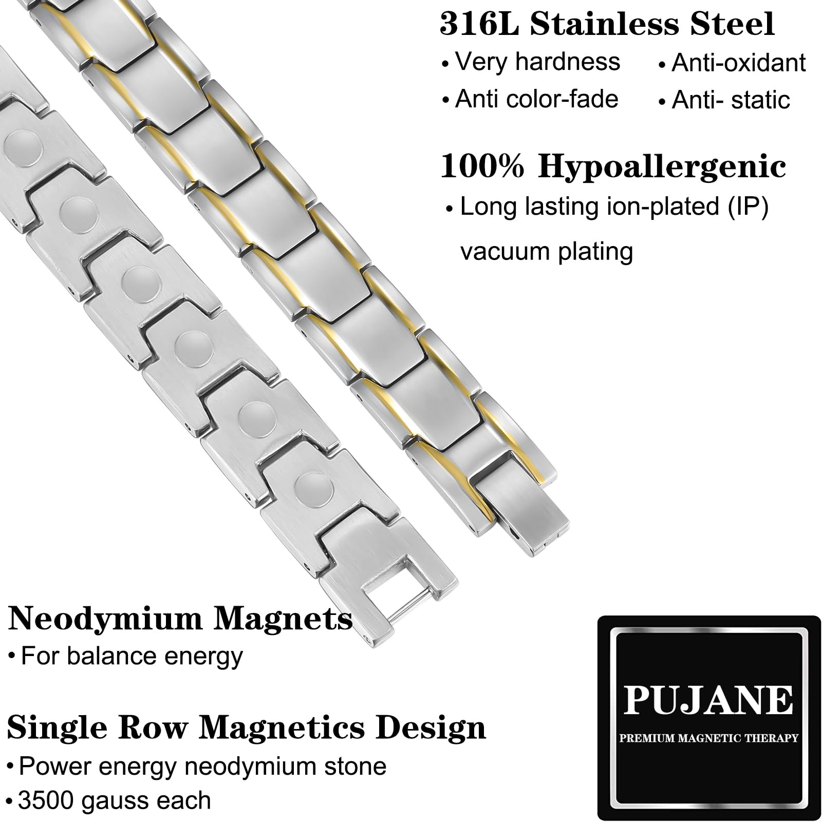 PUJANE bracelet en acier inoxydable argenté, durabilité et style moderne.