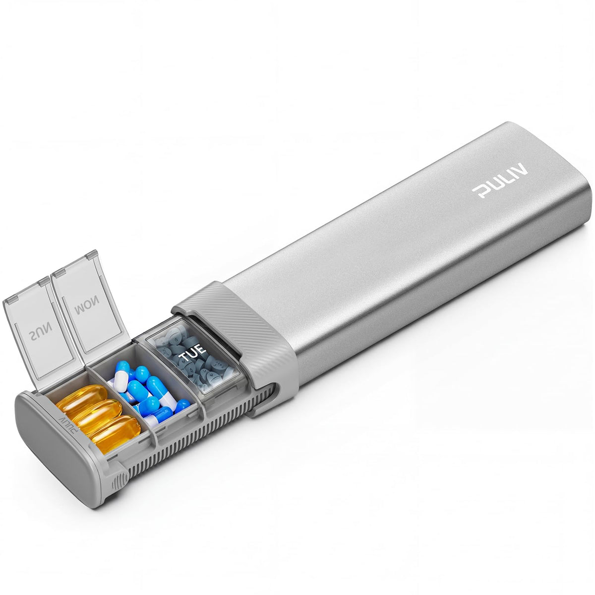 PULIV Boîte semaine pilules argent — rangement sûr et pratique pour vos compléments hebdomadaires.