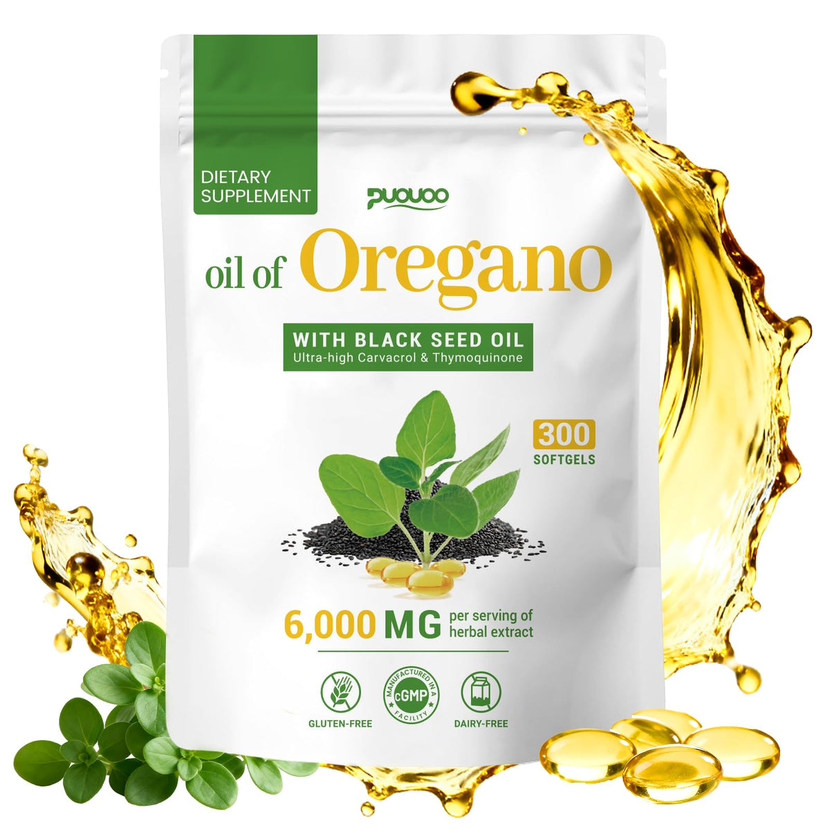 Puouoo huile d'origan 2-en-1, flacon capsules molles faciles à avaler.