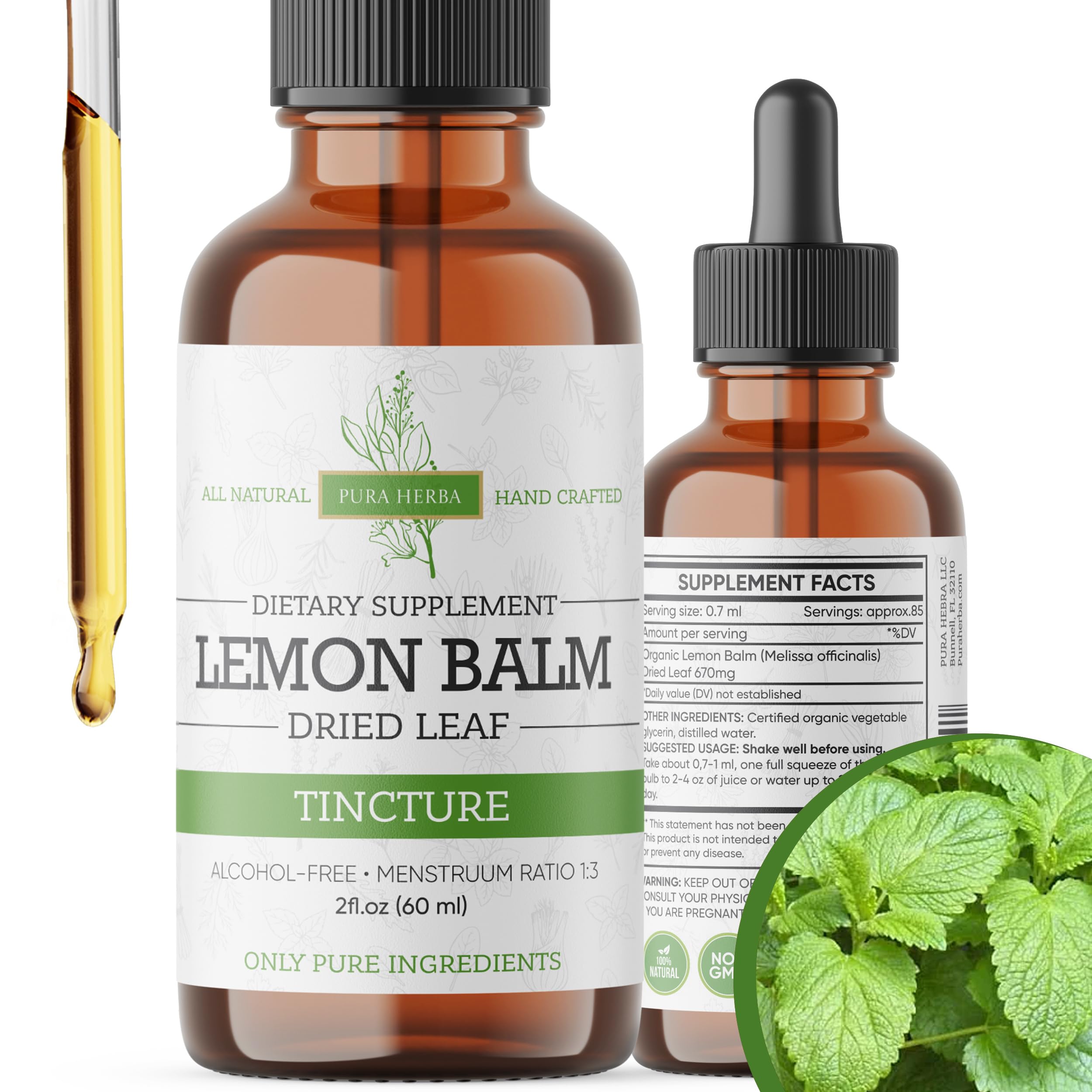 Pur Herba Mélisse Officinale tincture bouteille, soutien calme naturel pour la soirée.