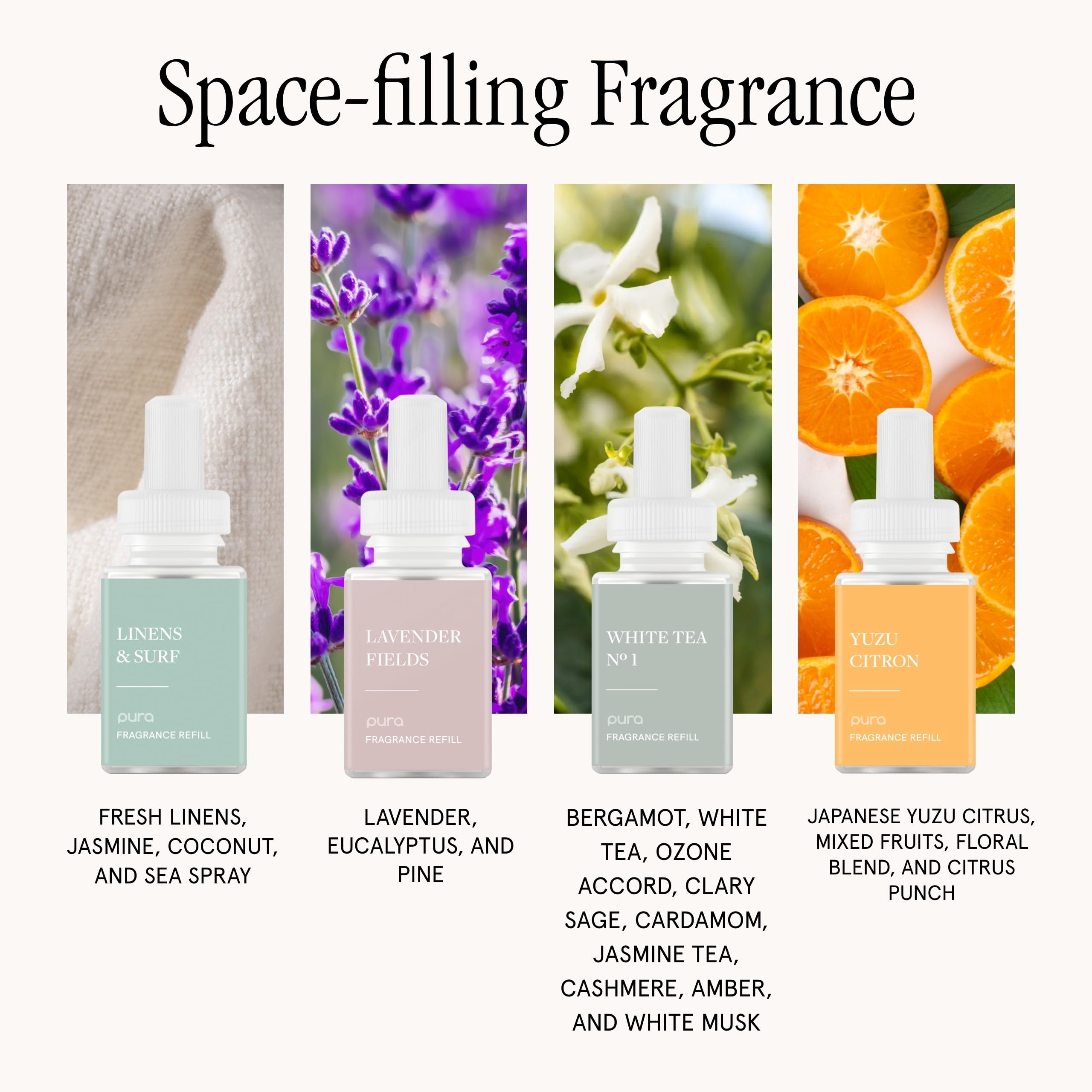 Flacons d'huiles parfumées Pura 4 offrant des parfums premium.