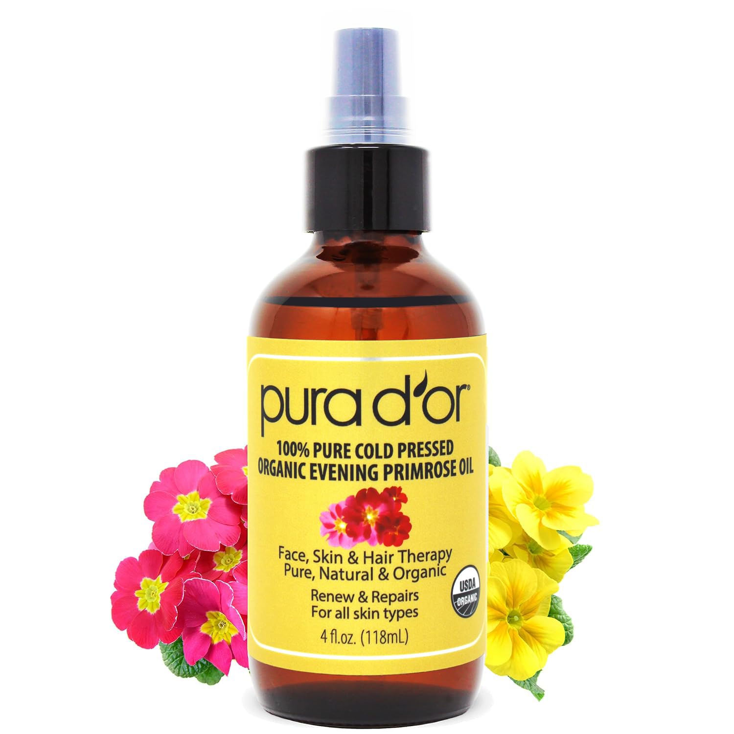 PURA D'OR Huile d'Onagre – bouteille 4oz pour hydrater peau et cheveux.