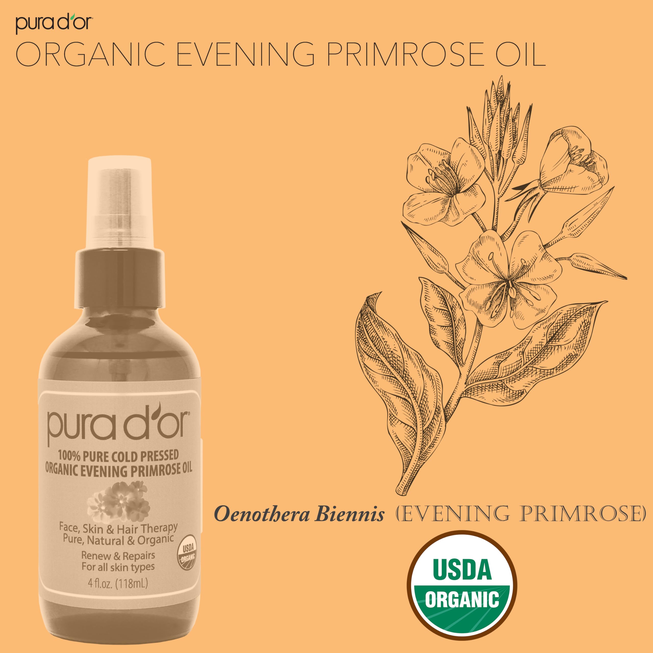 PURA D'OR Huile d'Onagre – graines d'onagre utilisées comme source naturelle.