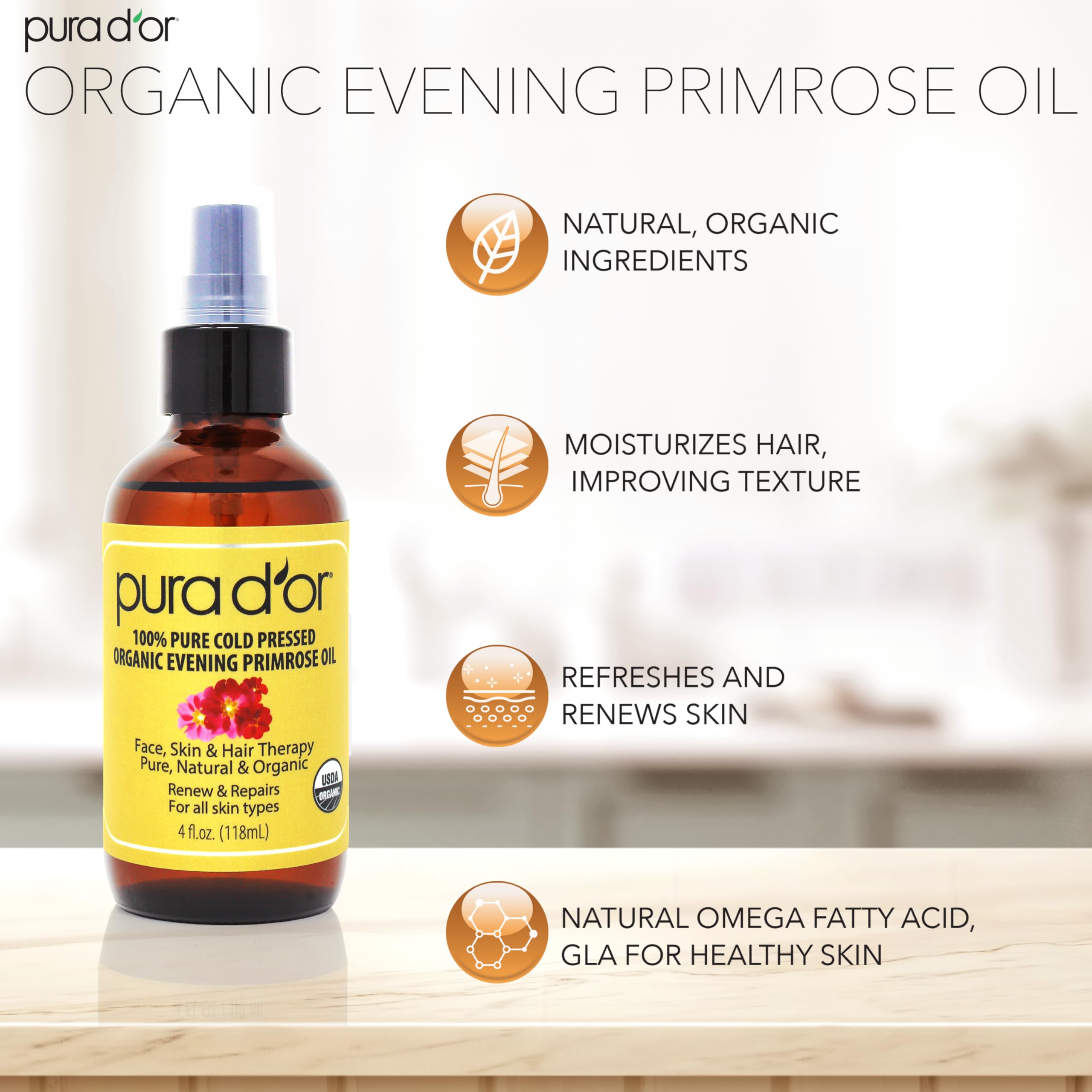 PURA D'OR Huile d'Onagre – texture jaune épaisse adaptée au massage cutané.