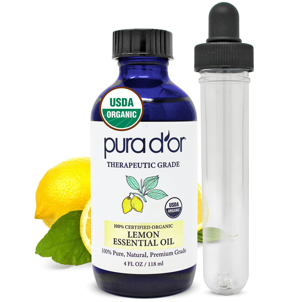 PURA D'OR huile essentielle citron, bouteille-verre-pipette, parfum frais idéal pour l'aromathérapie