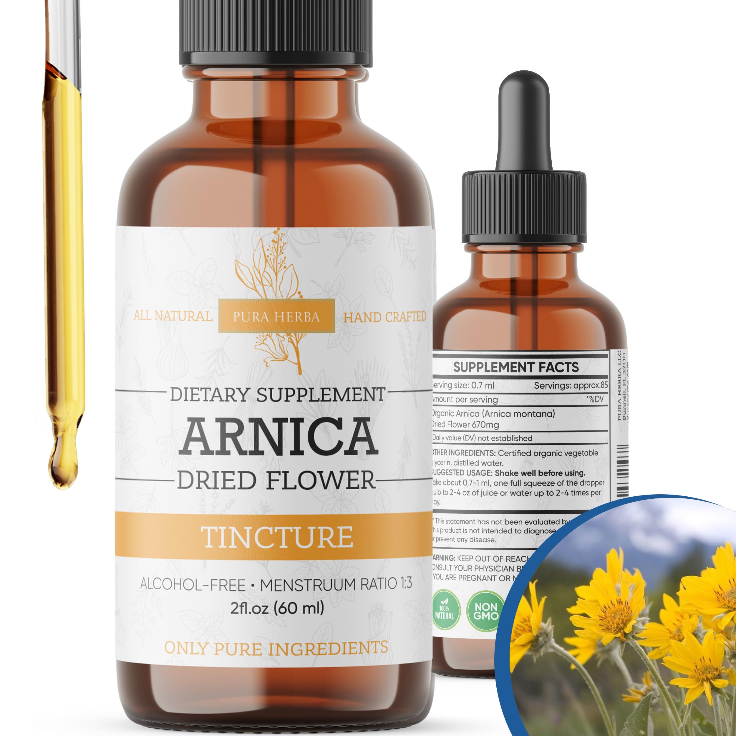 Pura Herba Arnica: flacon d'extrait liquide prêt à l'emploi pour le confort musculaire.