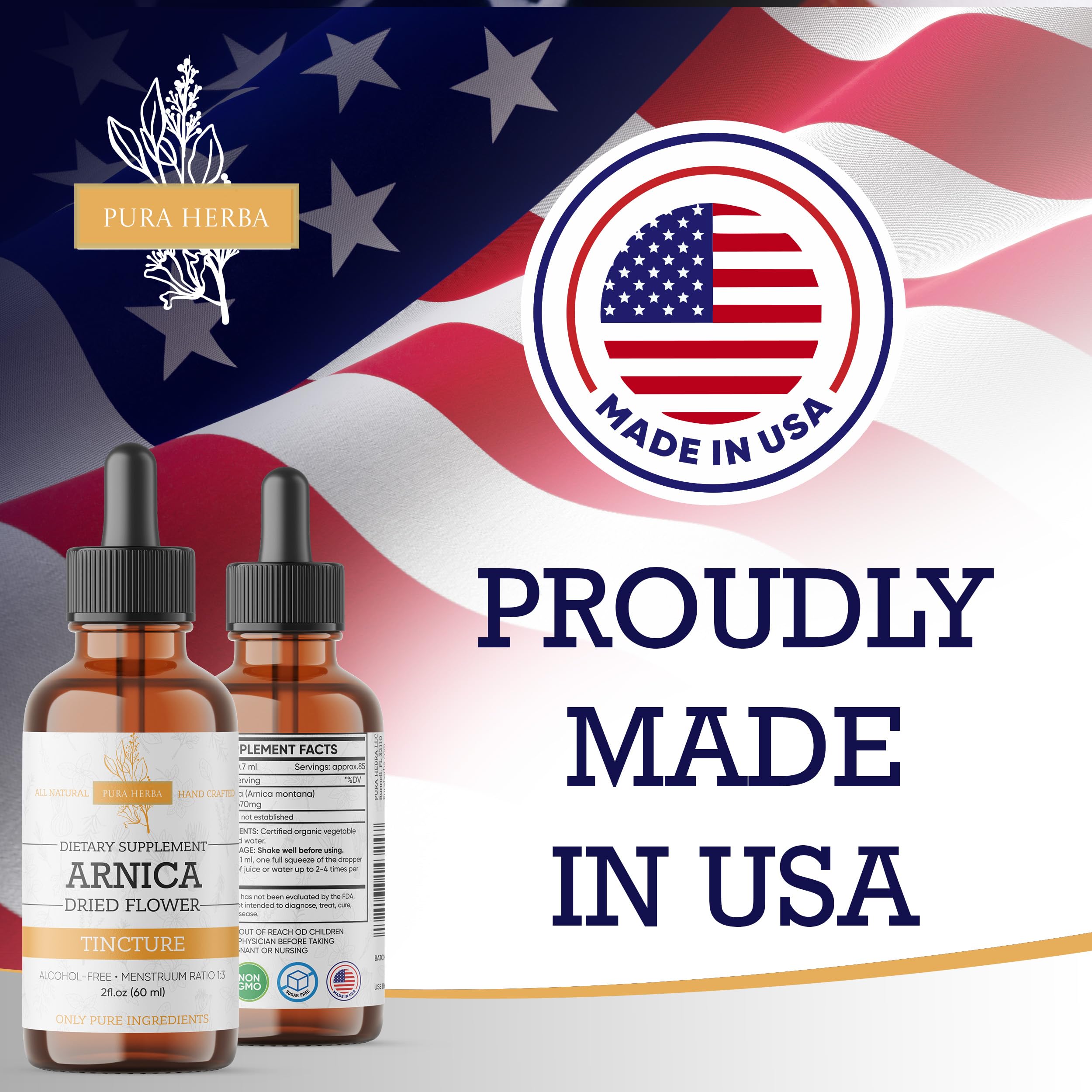 Produit fabriqué aux États-Unis, Arnica Pura Herba, extrait liquide de qualité.