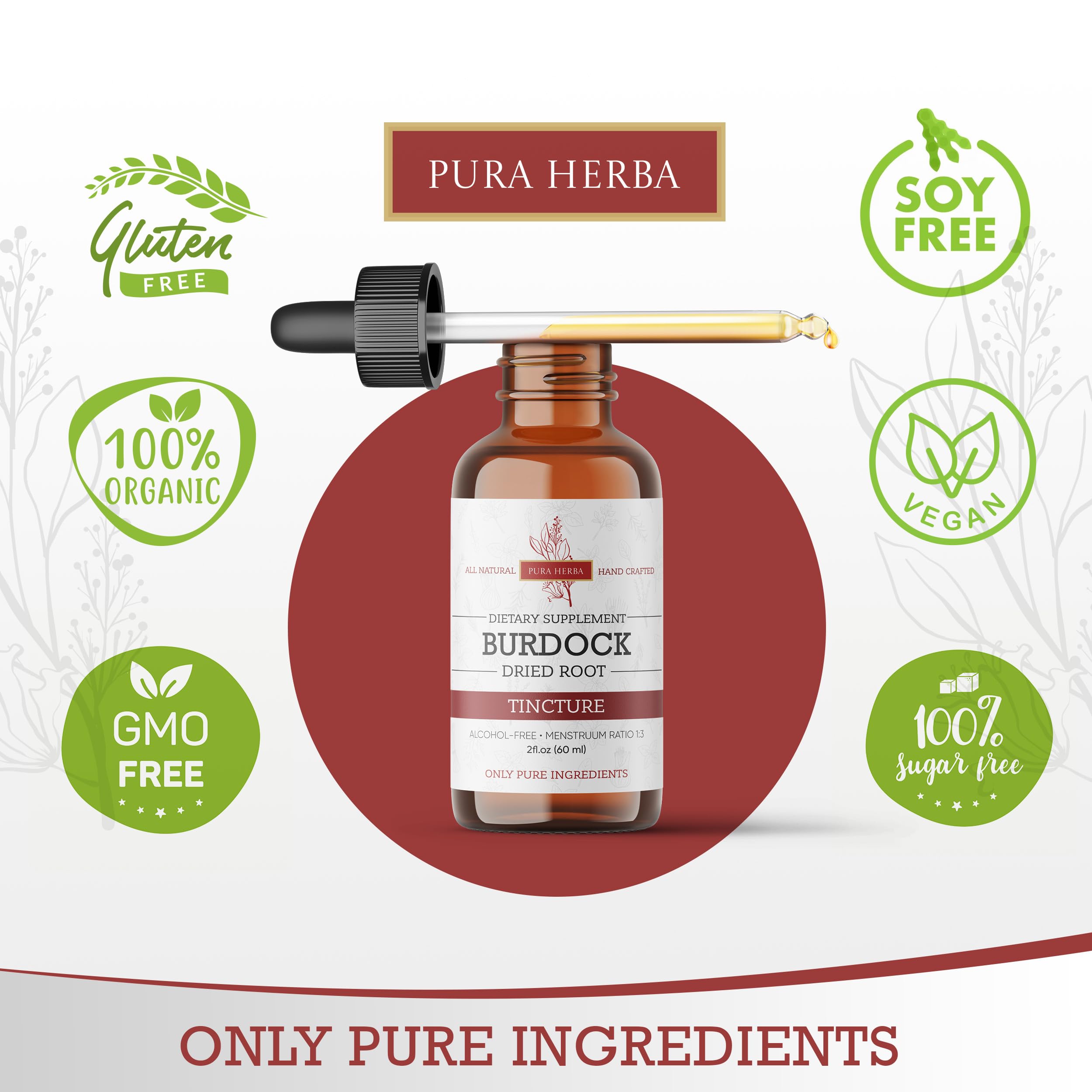 Étiquette du produit Pura Herba Bardane claire et informative.
