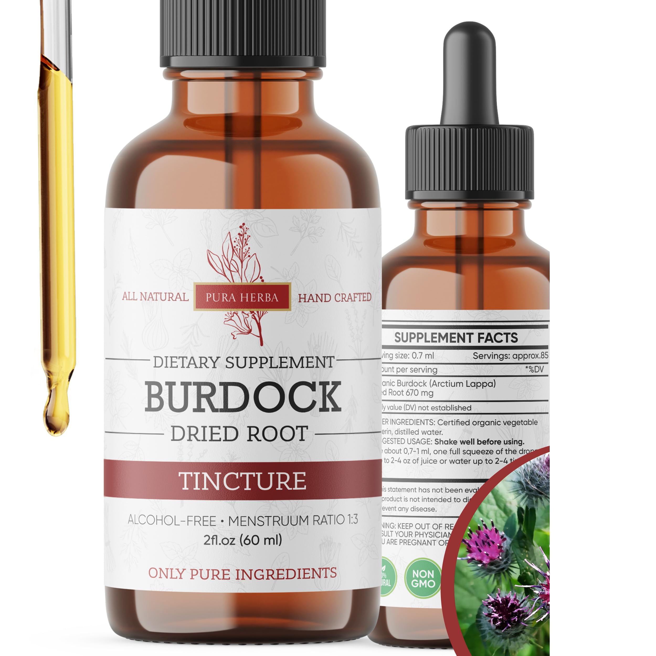 Extrait bardane Pura Herba dans une bouteille – format 60 ml pour usage quotidien.
