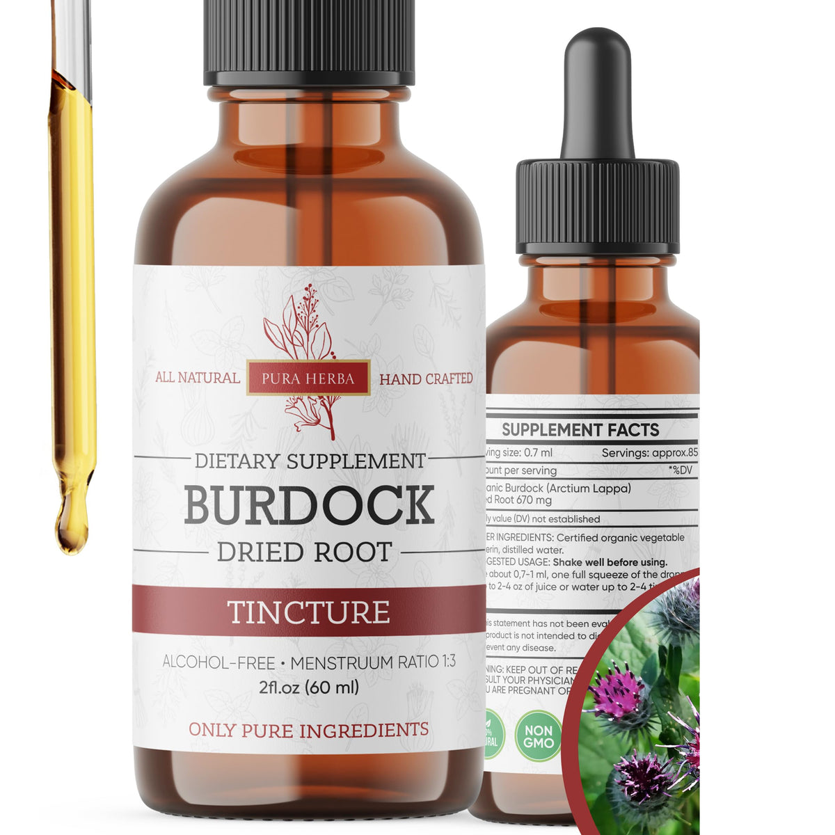 Extrait bardane Pura Herba dans une bouteille – format 60 ml pour usage quotidien.