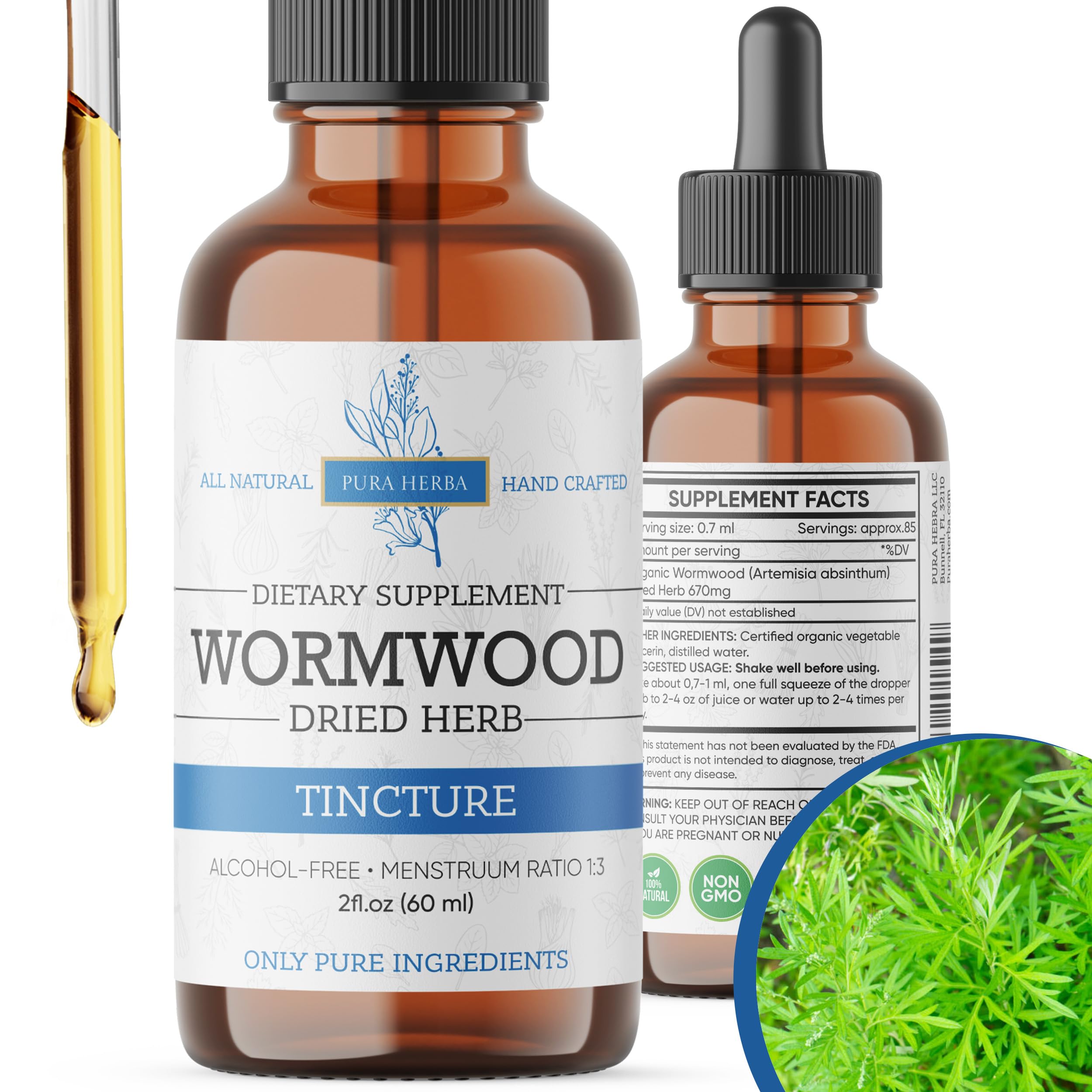 Pura Herba Extrait liquide d'absinthe – bouteille affichant une solution naturelle pour le confort digestif