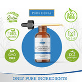 Pura Herba Extrait liquide d'absinthe – etiquette mettant en valeur l'origine biologique et sans additifs