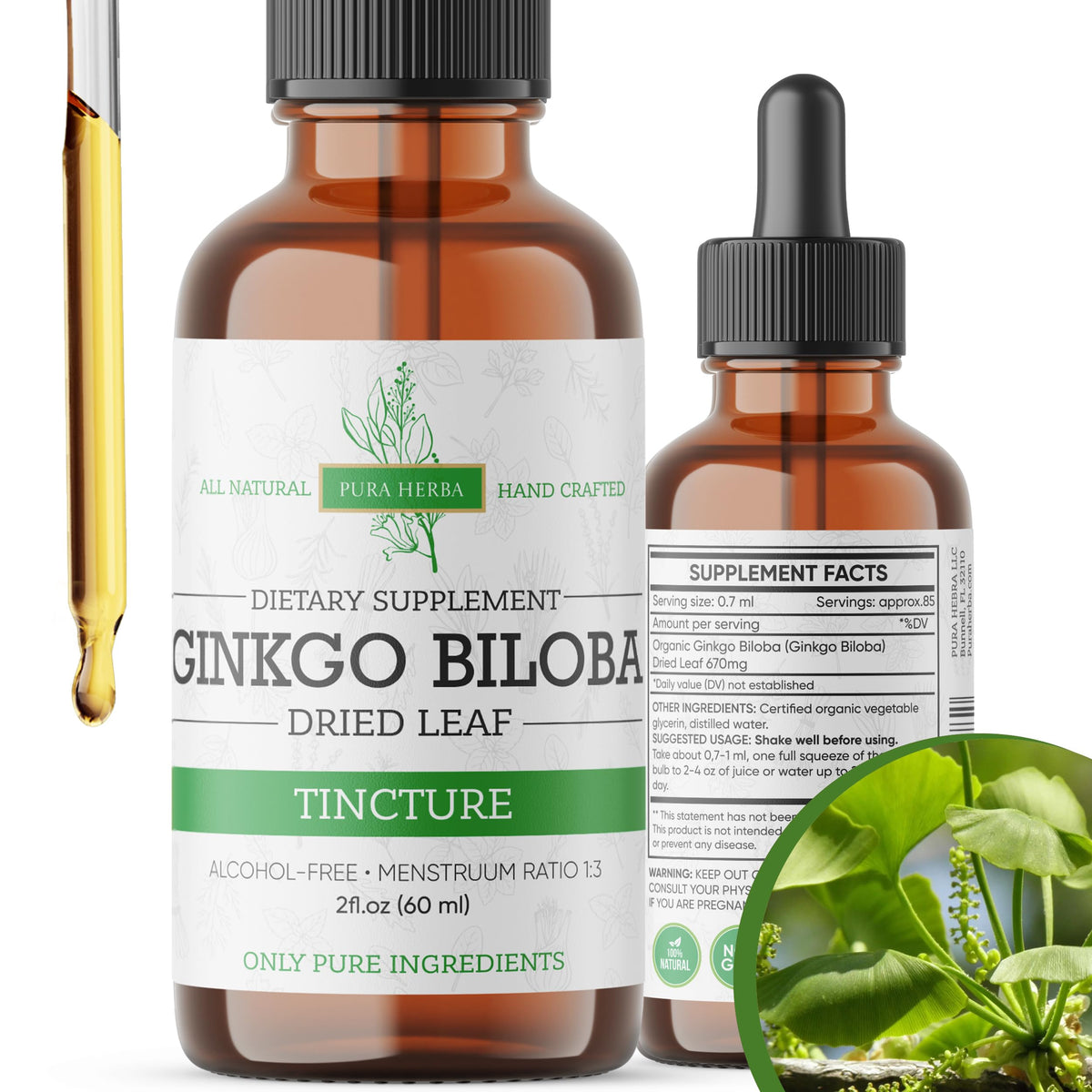 Pura Herba Ginkgo Extrait Liquide – bouteille, soutien potentiel à la concentration.