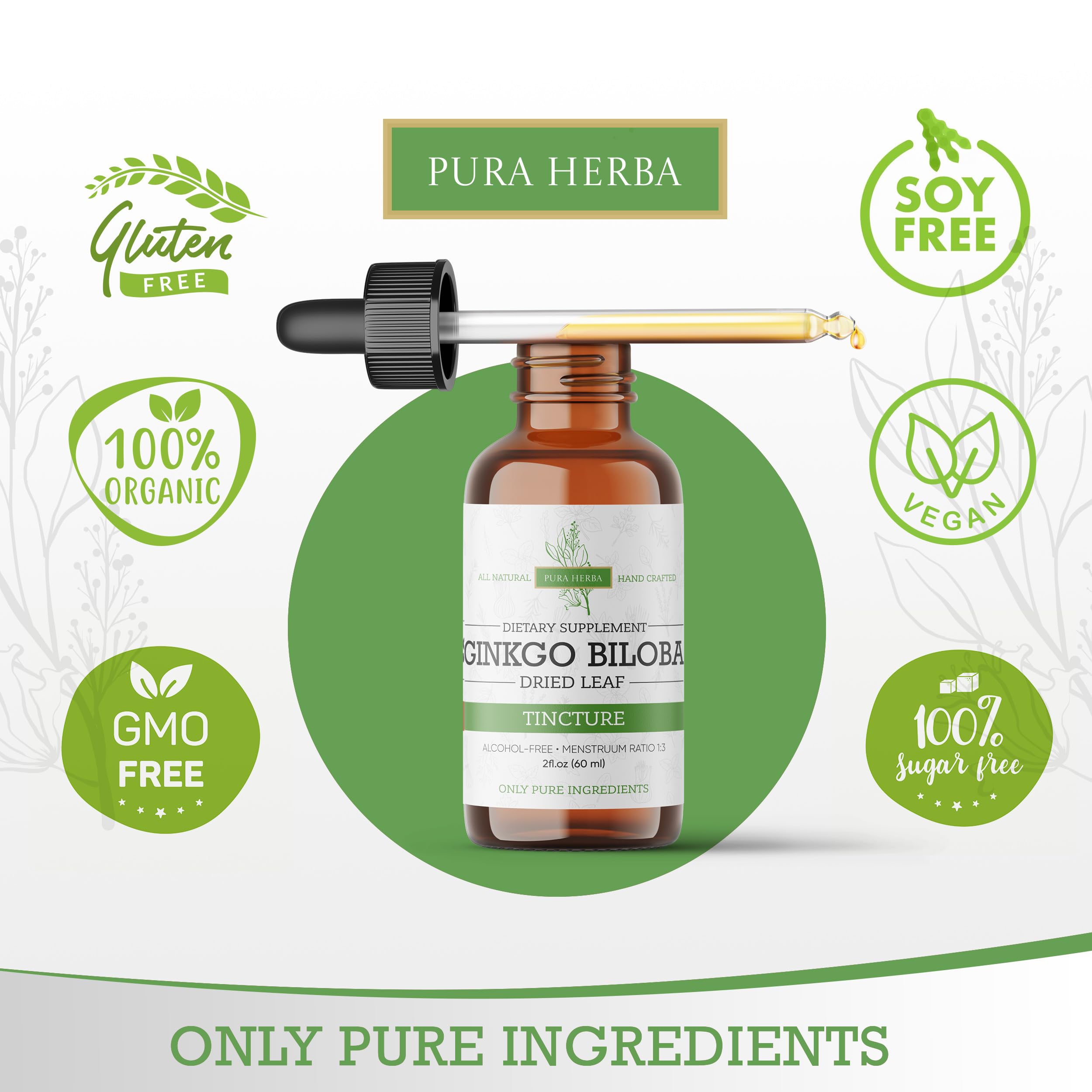 Pura Herba Ginkgo Extrait Liquide – mélange dans l'eau pour absorption rapide.