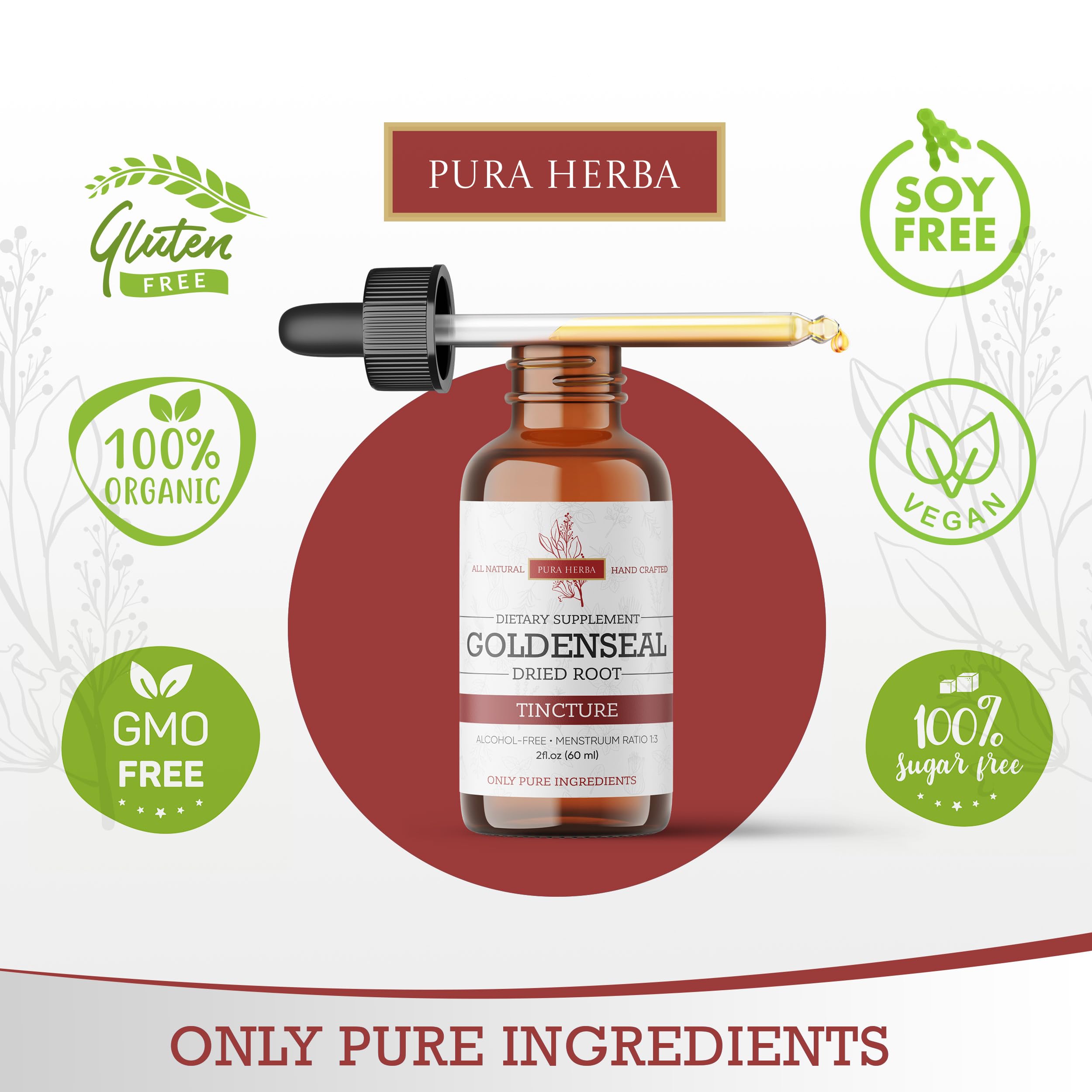 Gouttes Pura Herba Goldenseal pour dosage précis dans boisson.