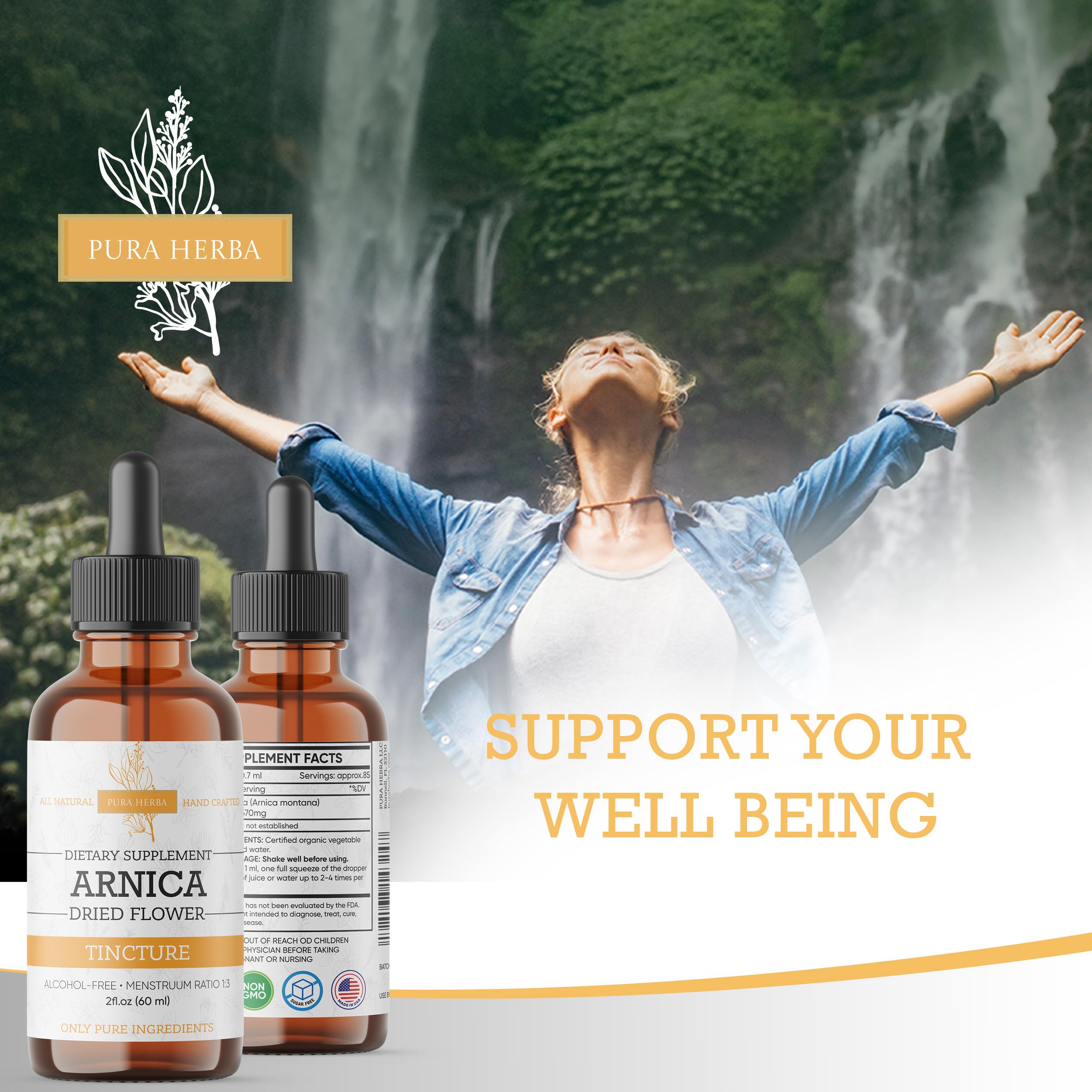 Gouttes Pura Herba Arnica, pratique à diluer dans eau ou jus.