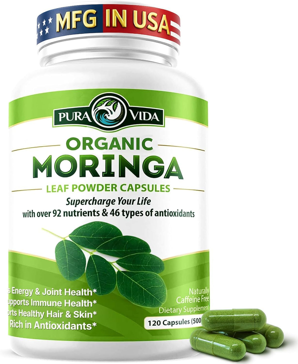 PURA VIDA MORINGA: bouteille-capsules-500mg, énergie potentielle et simplicité d'utilisation.