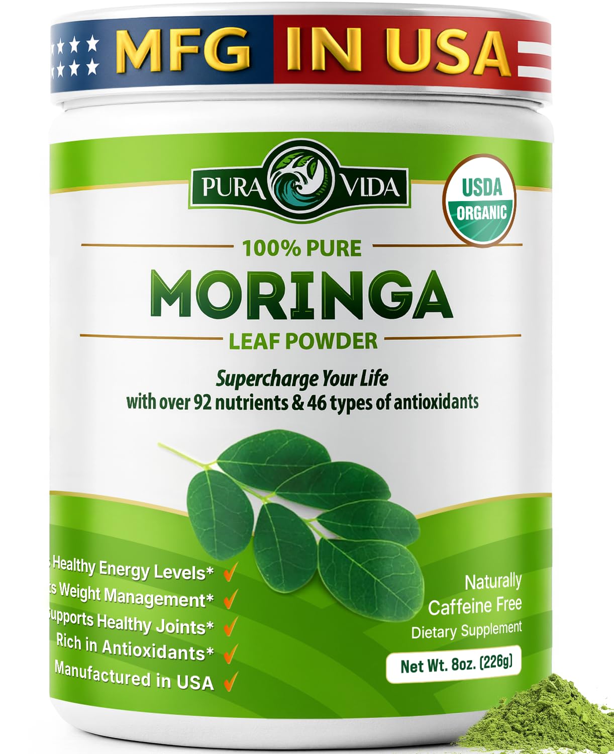 PURA VIDA MORINGA poudre-feuille-verte : poudre naturelle idéale pour smoothies riches en nutriments.
