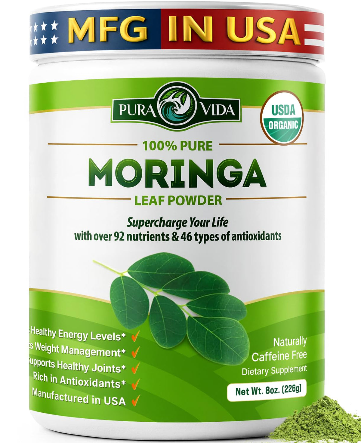 PURA VIDA MORINGA poudre-feuille-verte : poudre naturelle idéale pour smoothies riches en nutriments.