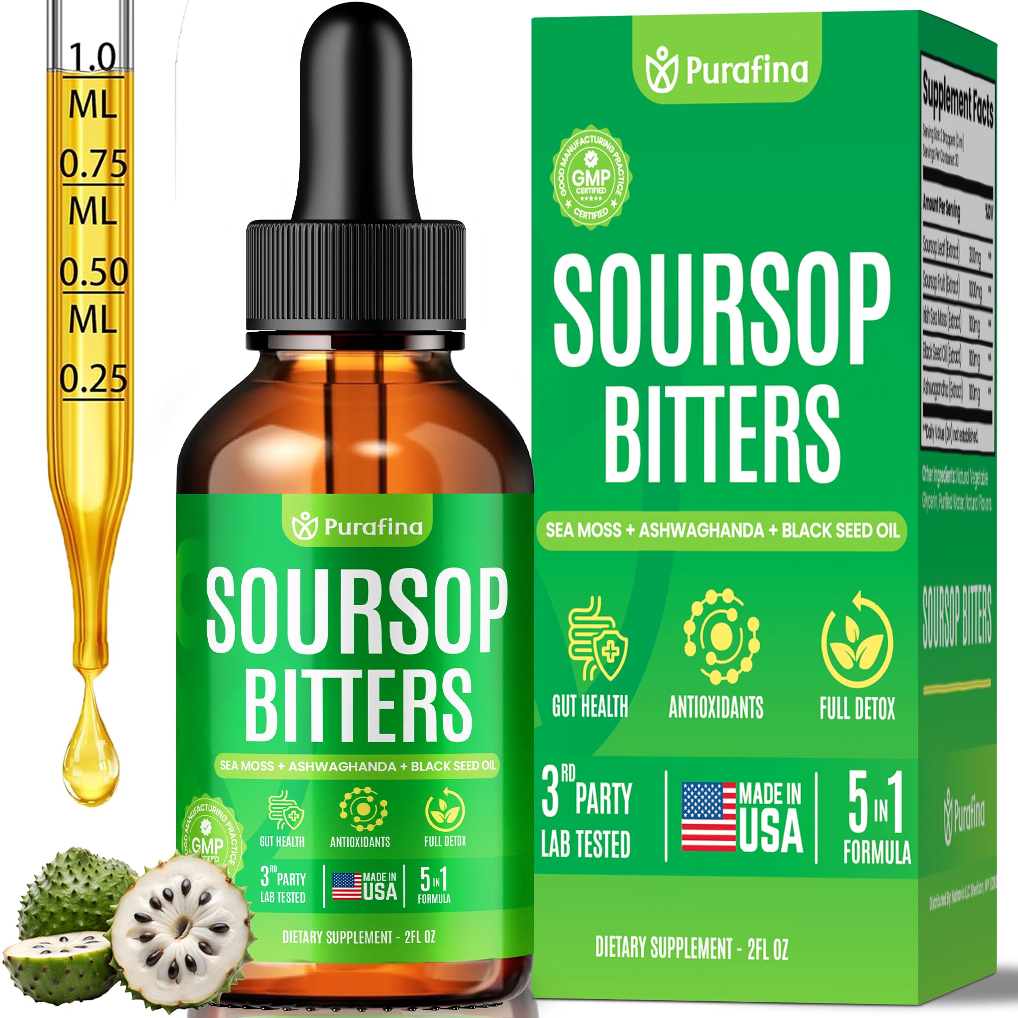 Purafina Soursop Bitters: bouteille ambrée prête pour une utilisation quotidienne, soutien potentiel bien-être.