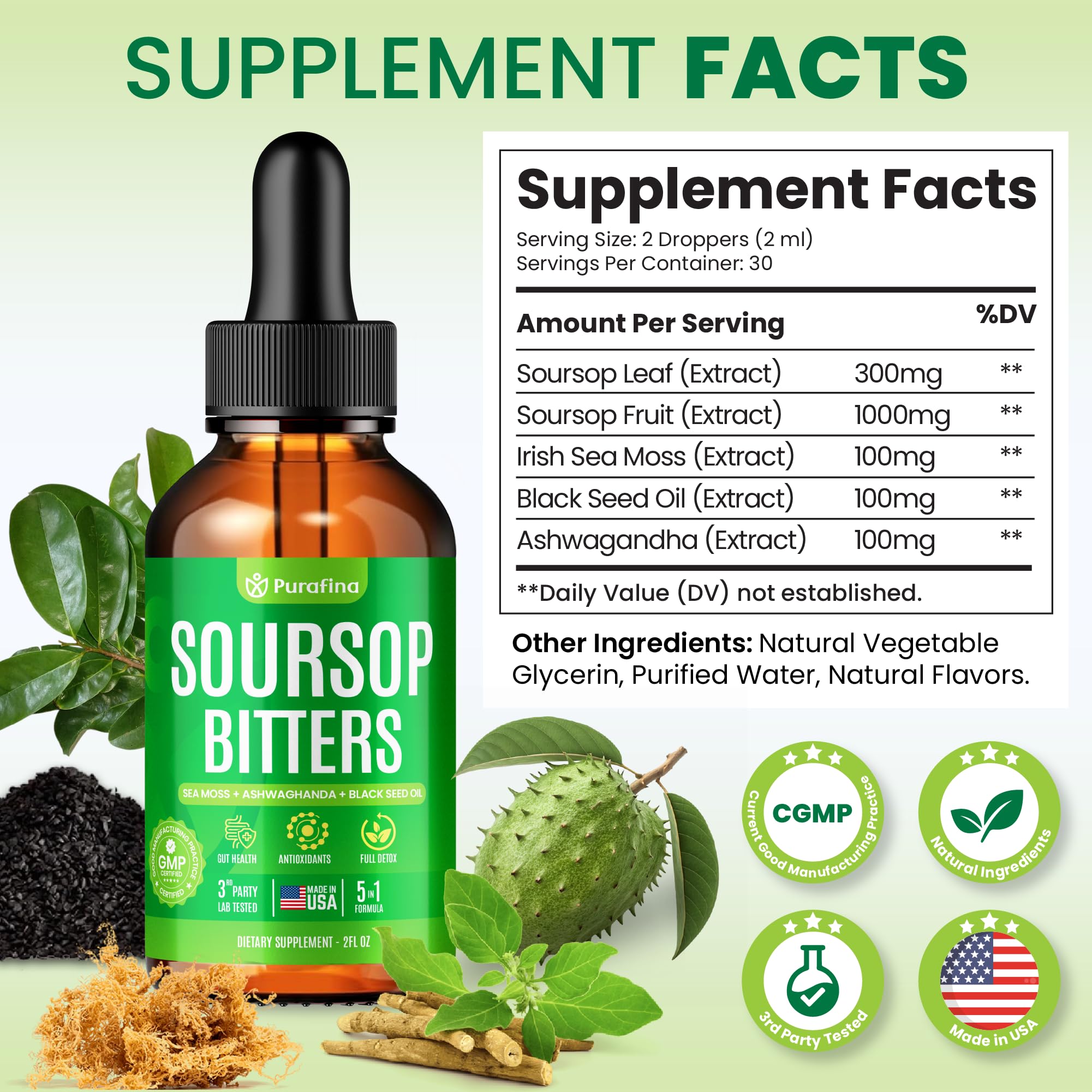 Purafina Soursop Bitters: feuilles de graviola visibles pour l’authenticité.