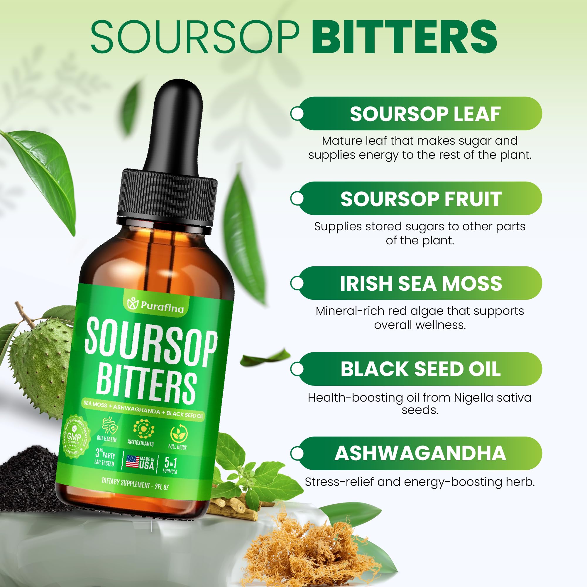 Purafina Soursop Bitters: gouttes dans le compte-gouttes, prise pratique.