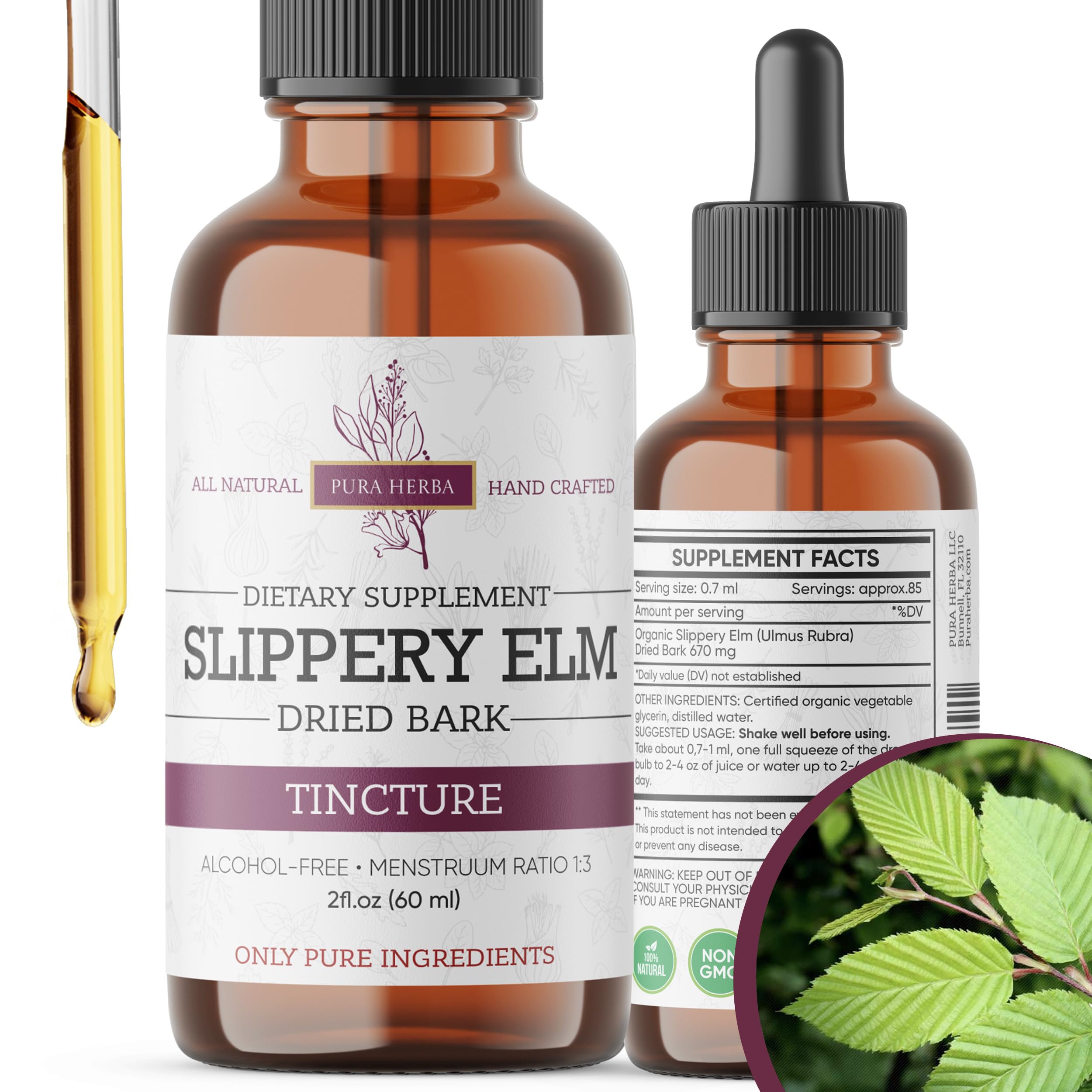 Pura Herba teinture d'orme glissant – bouteille facile à doser pour le soutien digestif.
