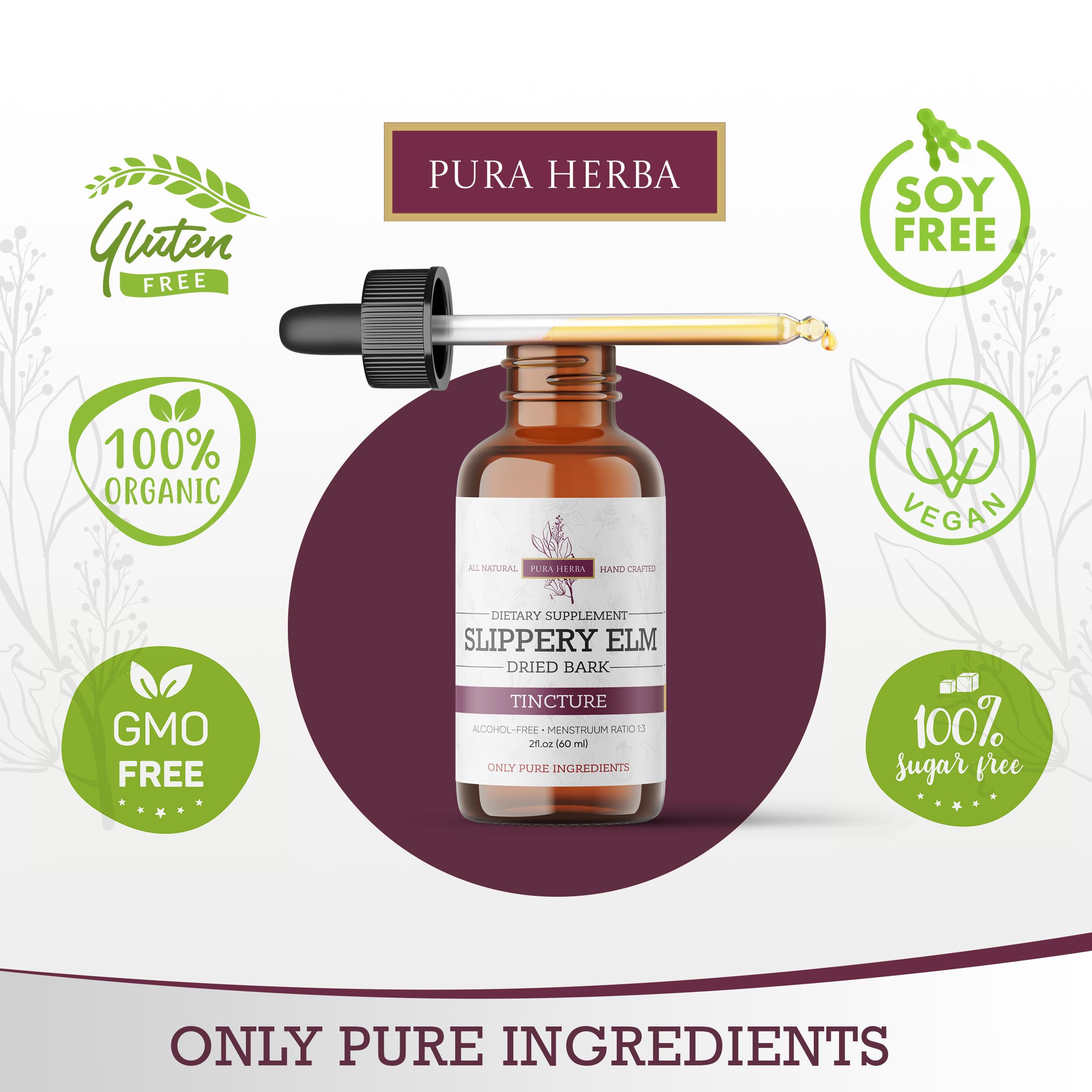 Pura Herba étiquette teinture d'orme glissant – flacon clair, mucilage apaisant.
