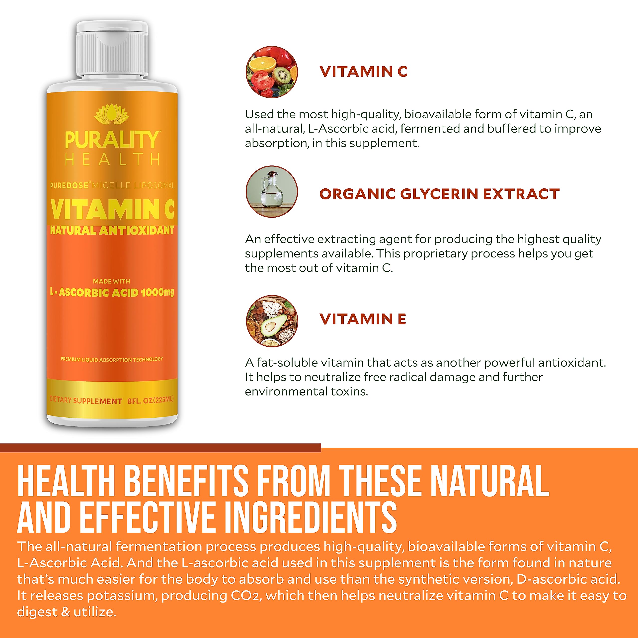 Bouteille PURALITY HEALTH Vitamine C liquide, format pratique pour 15 jours.