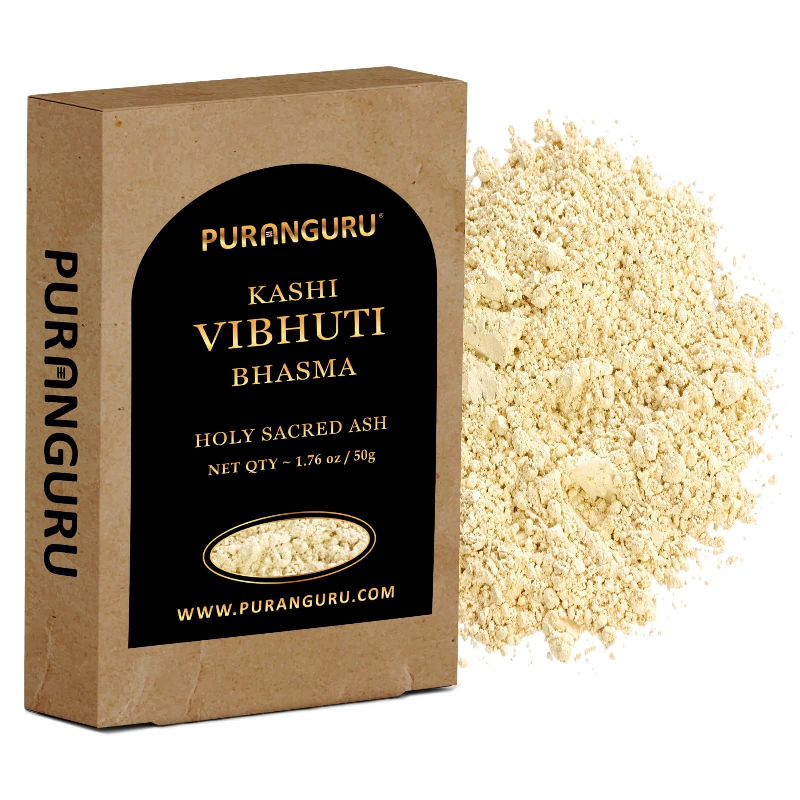Puranguru Kashi Vibhuti poudre 50 g dans emballage, prête pour la puja