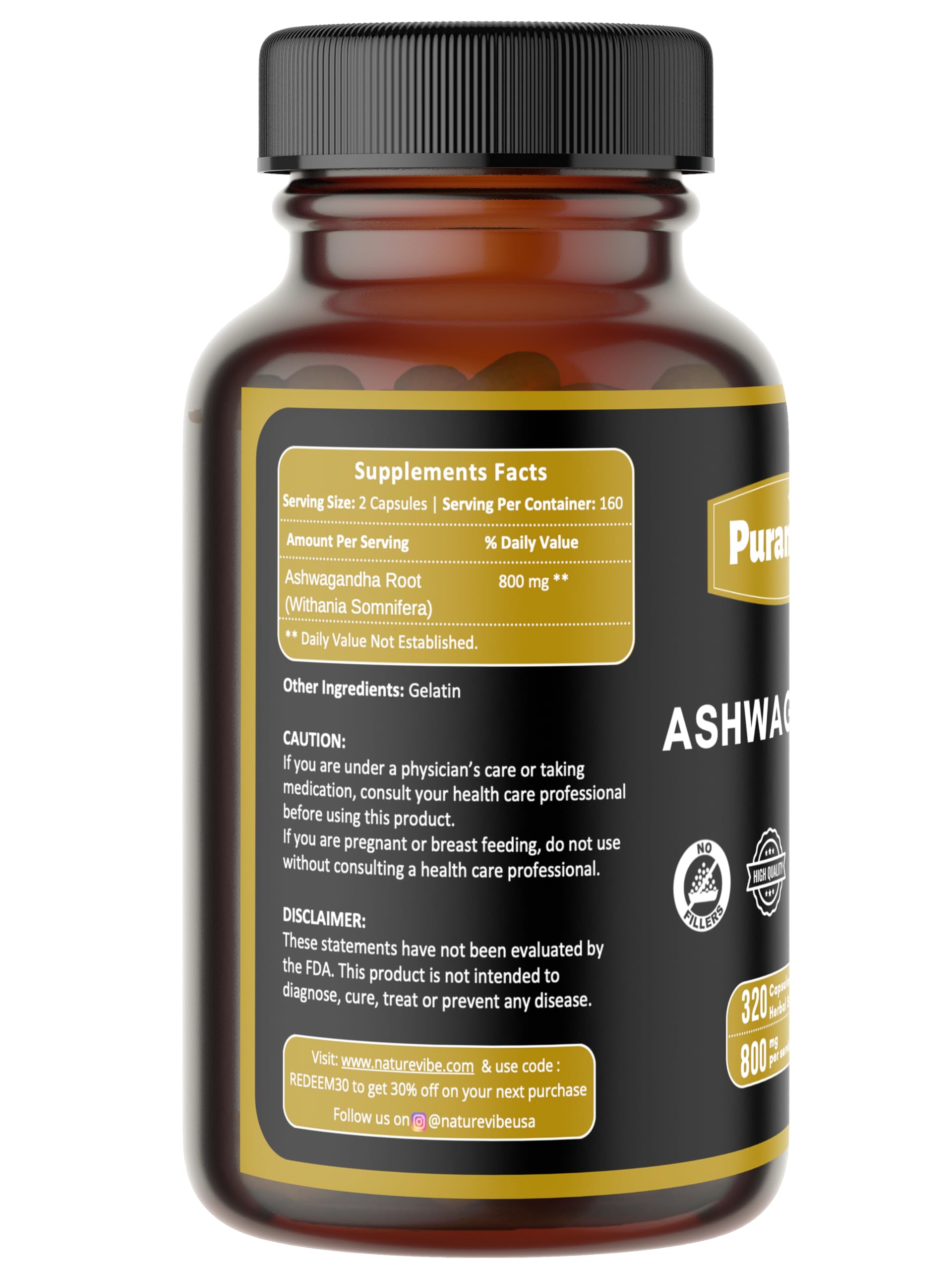 Puranicals Ashwagandha Premium, capsules de 800 mg par portion, pratique à prendre.
