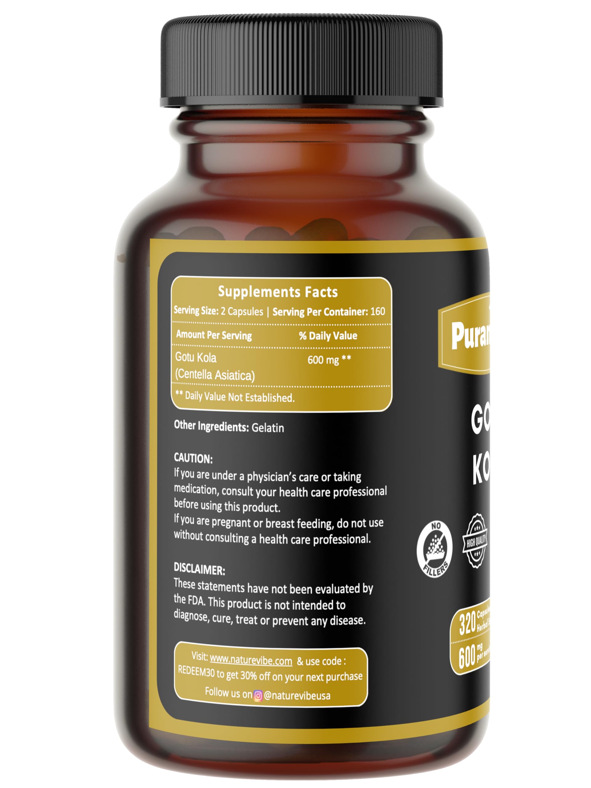 Étiquette Puranicals Gotu Kola, composition naturelle et sans gluten.