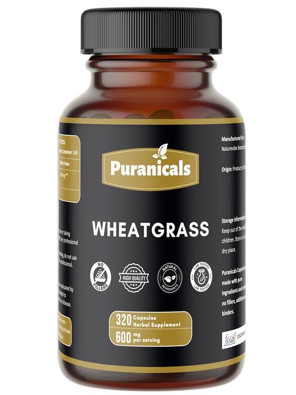 Puranicals Wheatgrass Premium : bouteille pratique de 320 gélules pour soutenir l'énergie quotidienne.