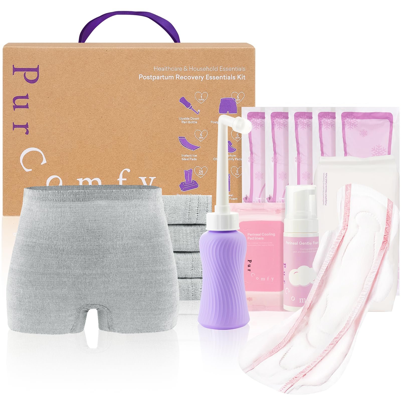 PurComfy kit postpartum ensemble: tout ce qu'il faut pour le retour à domicile, pratique et organisé.