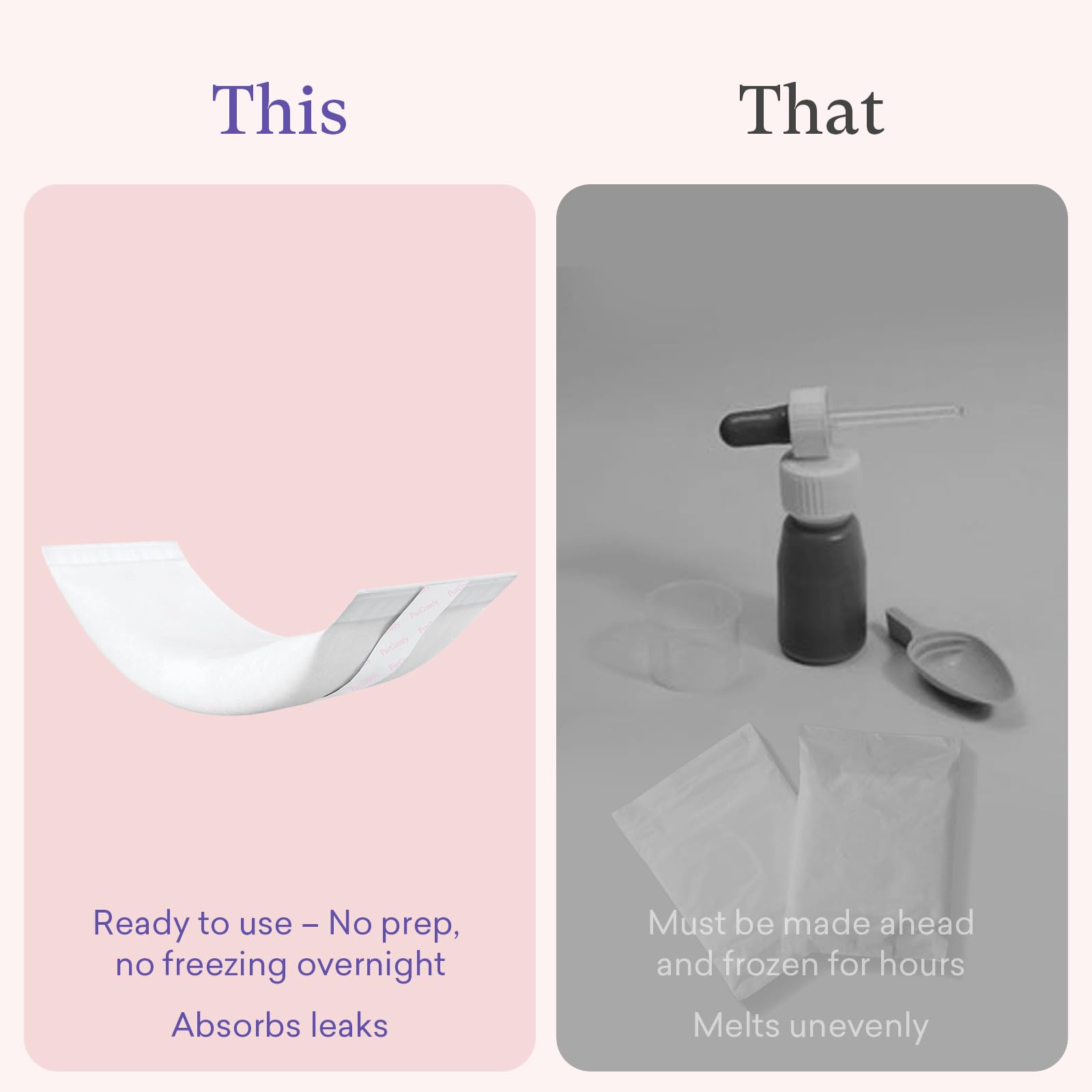 PurComfy pads formule douce peau sensible, sans produits agressifs et irritants.