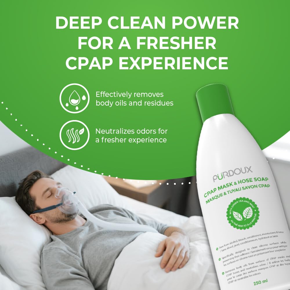 Purdoux CPAP: bouteilles de 250 ml avec thé vert-menthe et neutralisation des odeurs.