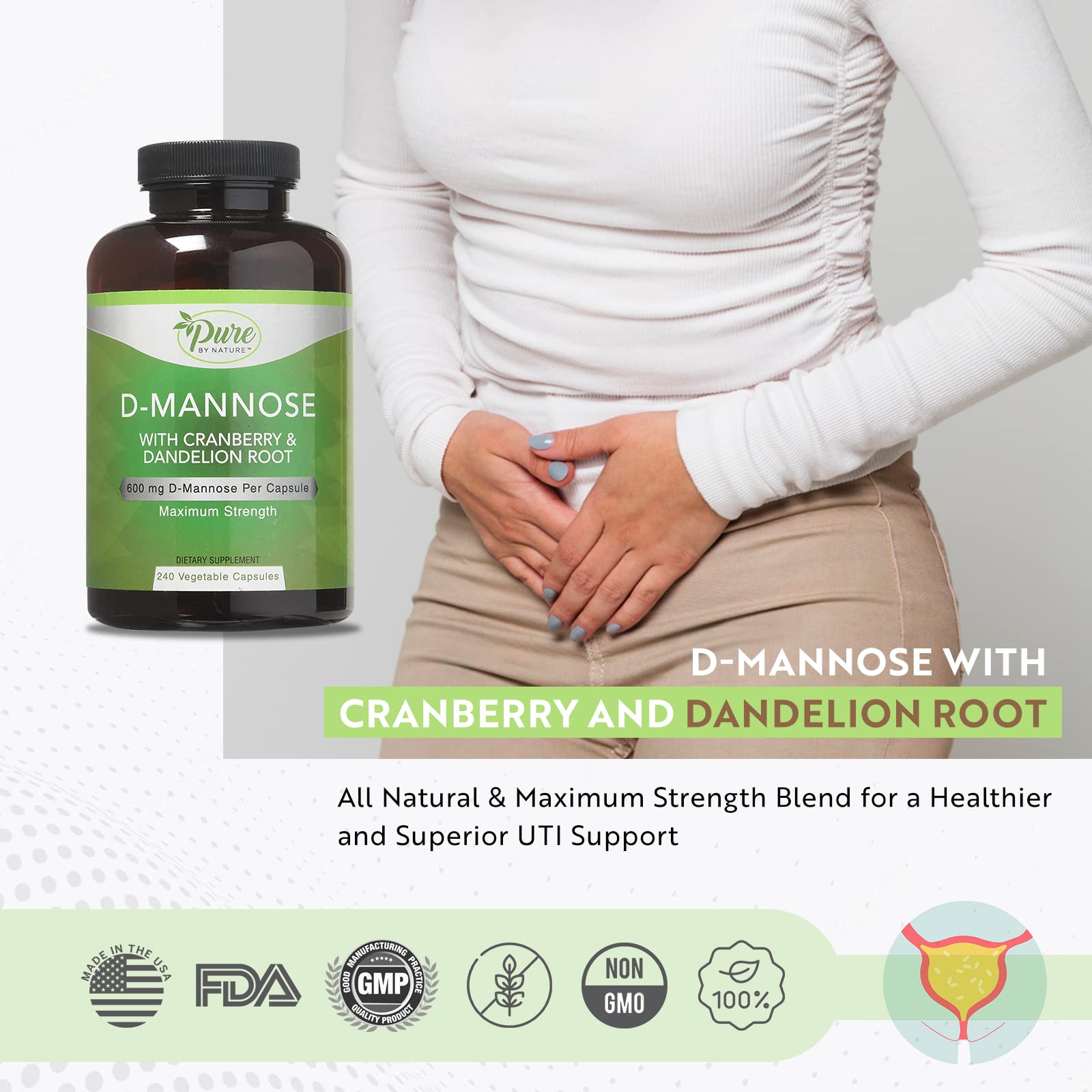 Capsule d-mannose Pure By Nature, dose quotidienne avec canneberge et pissenlit.