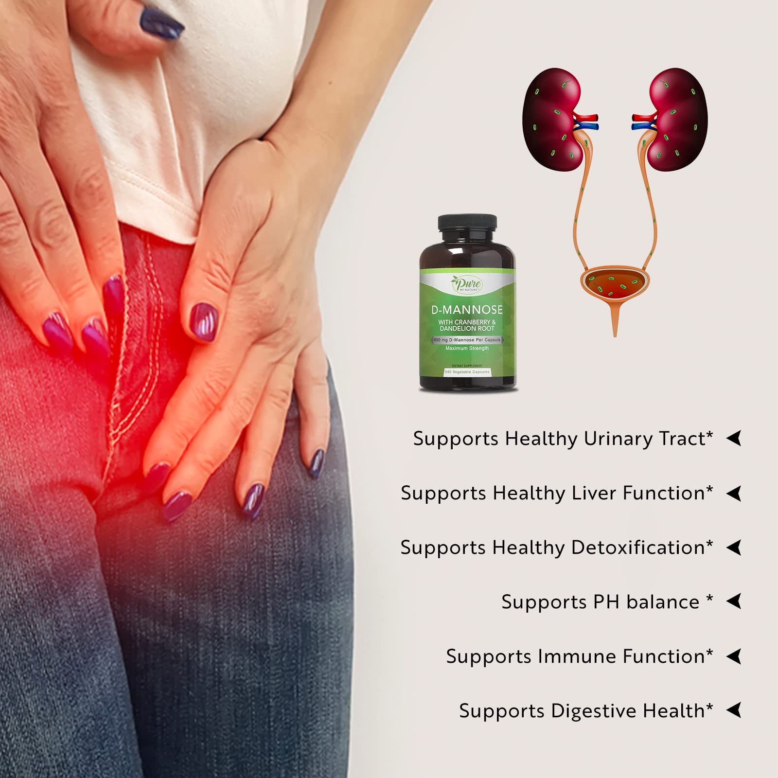 Capsule d-mannose Pure By Nature - mélange canneberge et pissenlit, formulation pratique.