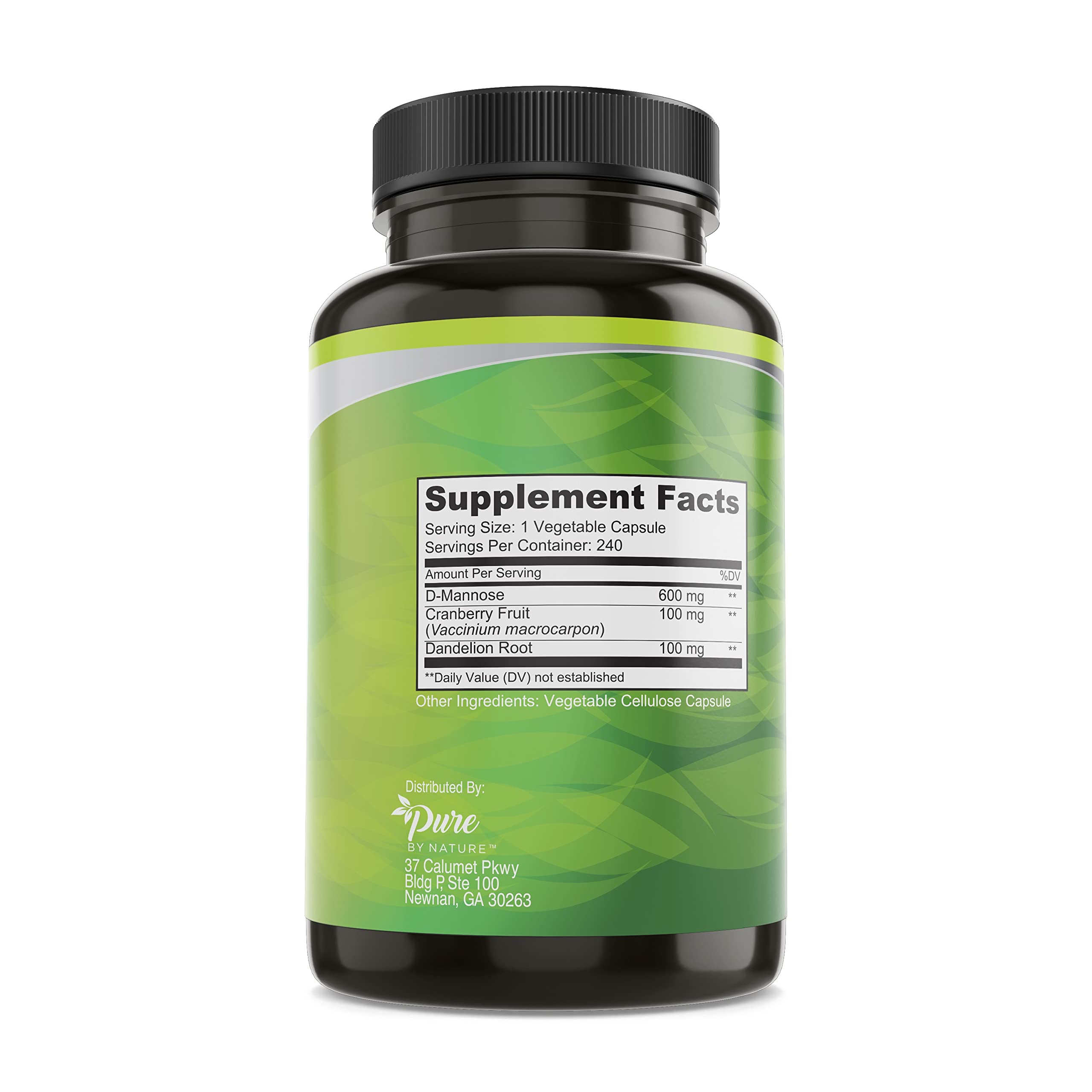 Flacon Pure By Nature d-mannose avec canneberge et pissenlit, pratique à emporter.