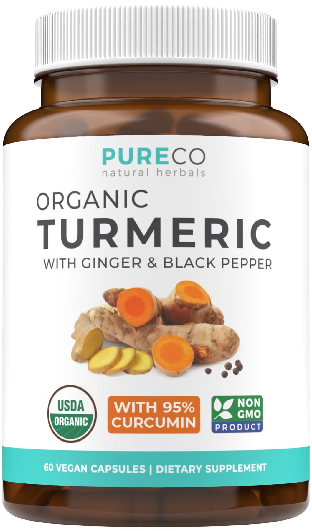 Pure Co: bouteille curcuma-gingembre-poivre-noir, pratique pour une routine quotidienne et absorption améliorée.