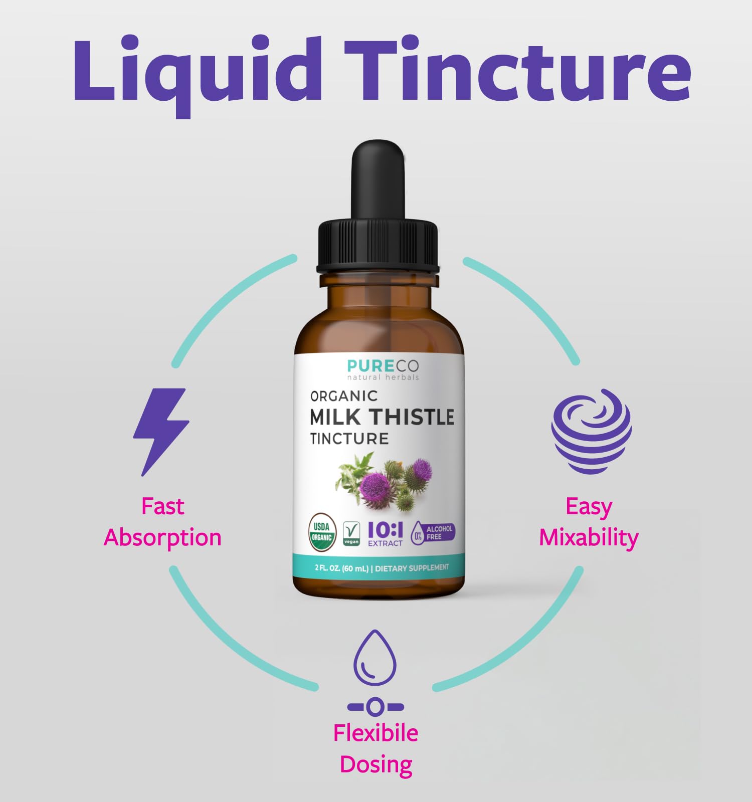 Pure Co flacon chardon-Marie sans alcool, formule végan et biologique