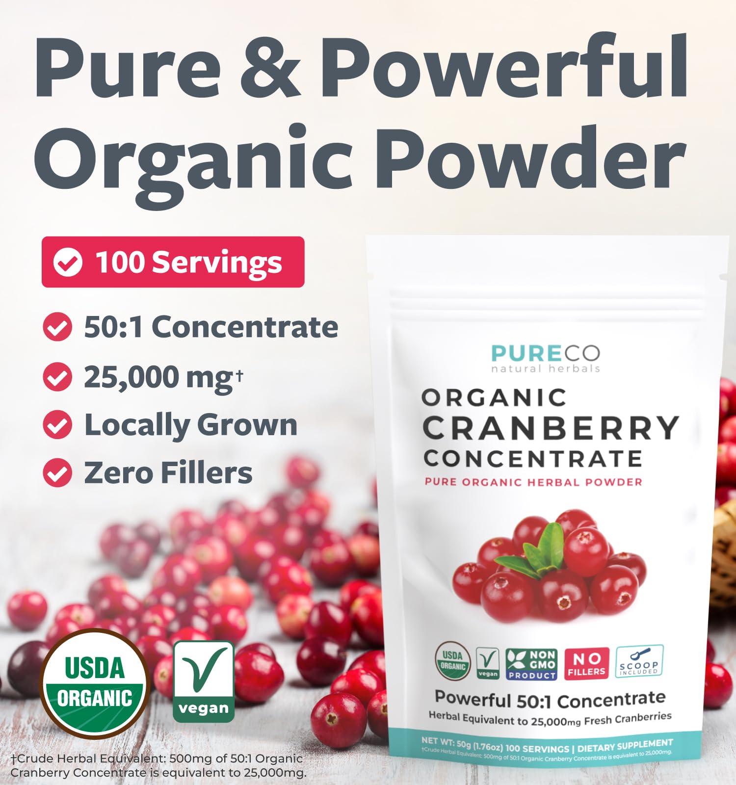 PURE CO Poudre de canneberge en bouteille, pratique pour les routines quotidiennes.