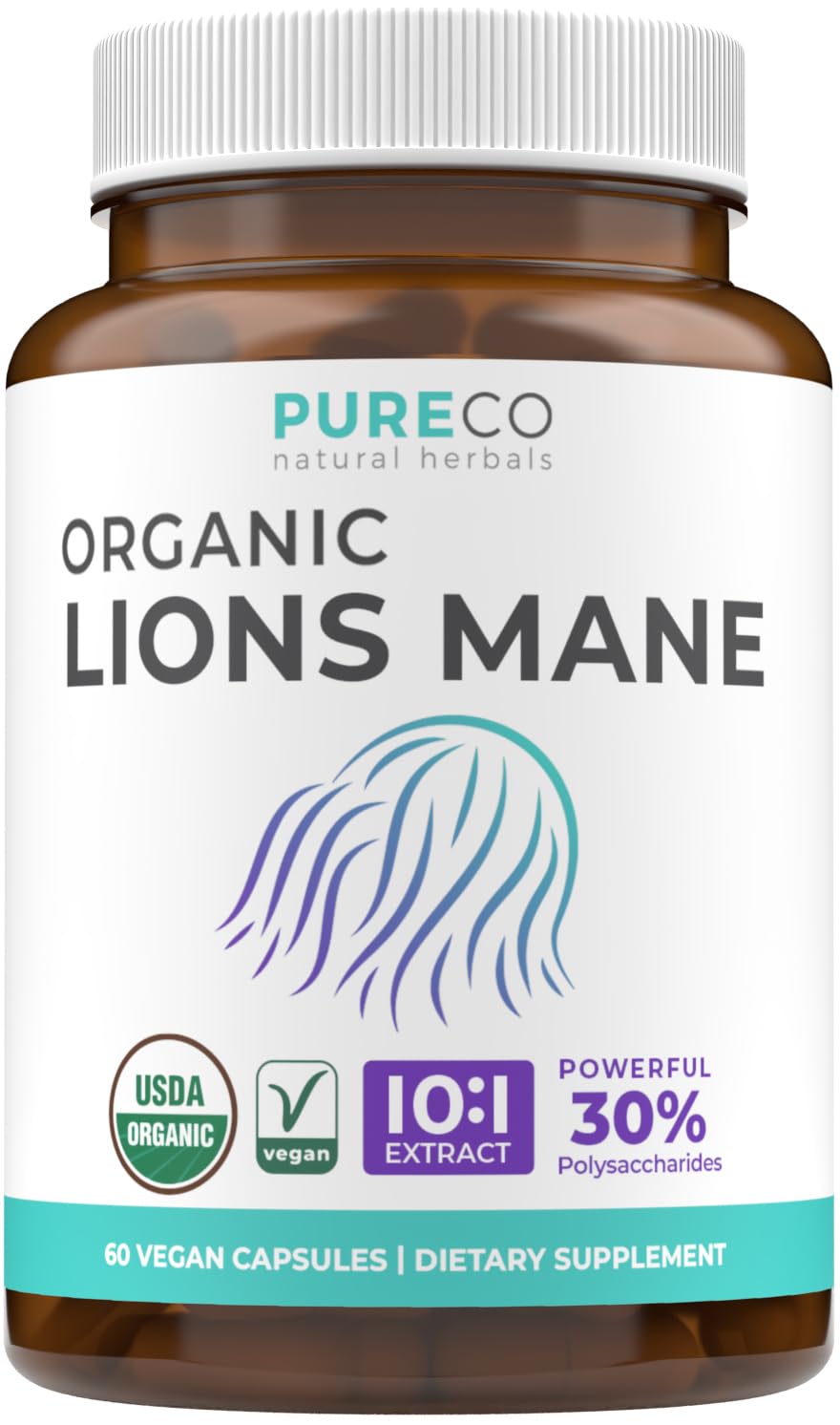 Pure Co Crinière de Lion – bouteille, prise quotidienne pratique et biologique.