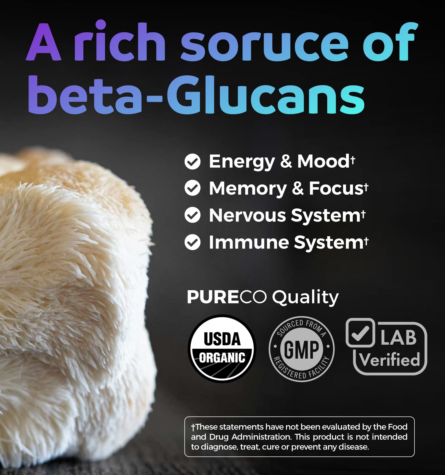 Pure Co Crinière de Lion – etiquette bio garantissant traçabilité et qualité.