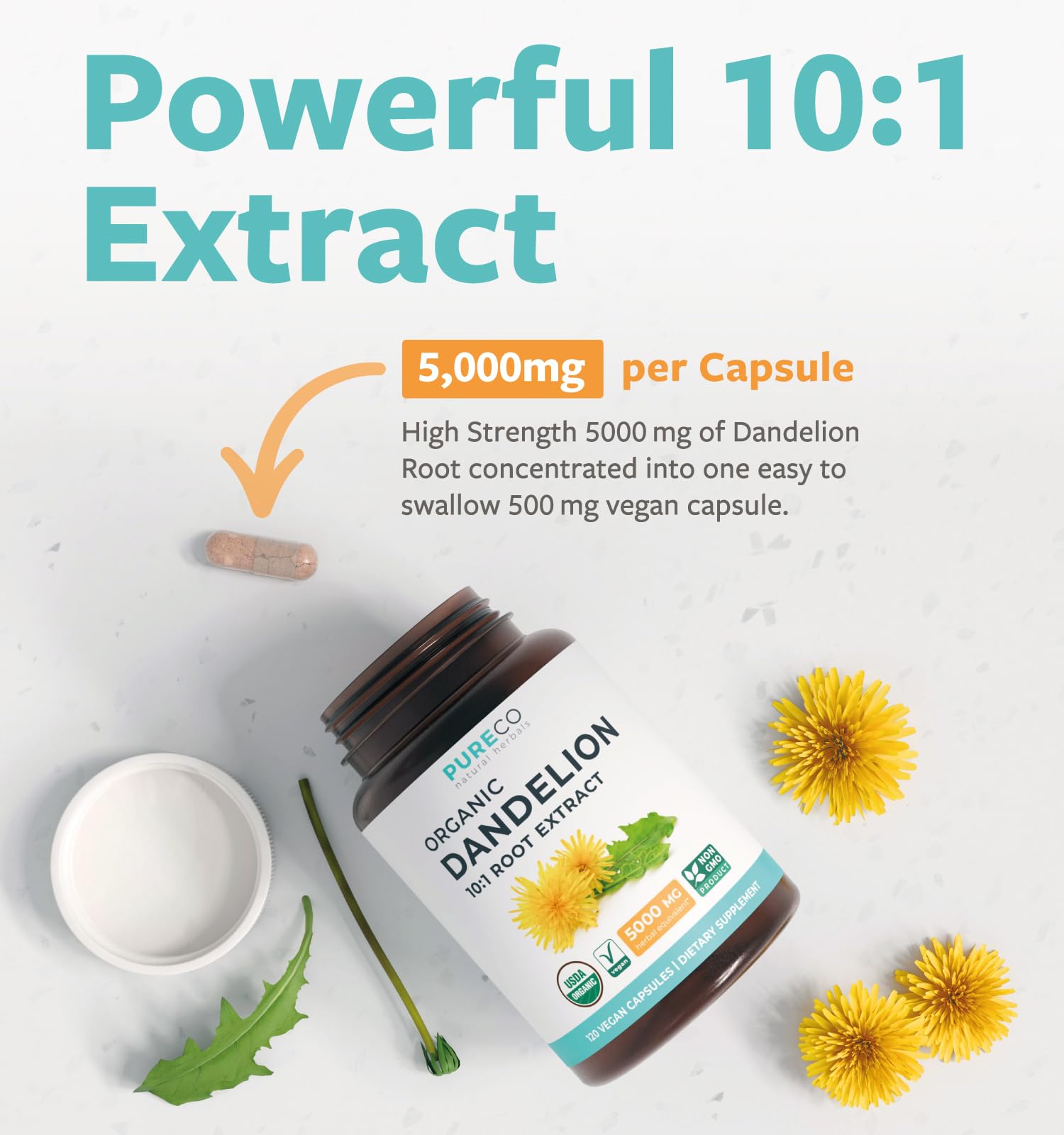 PURE CO Etiquette biologique pissenlit – Emballage vegane evoquant la qualite biologique et vegane
