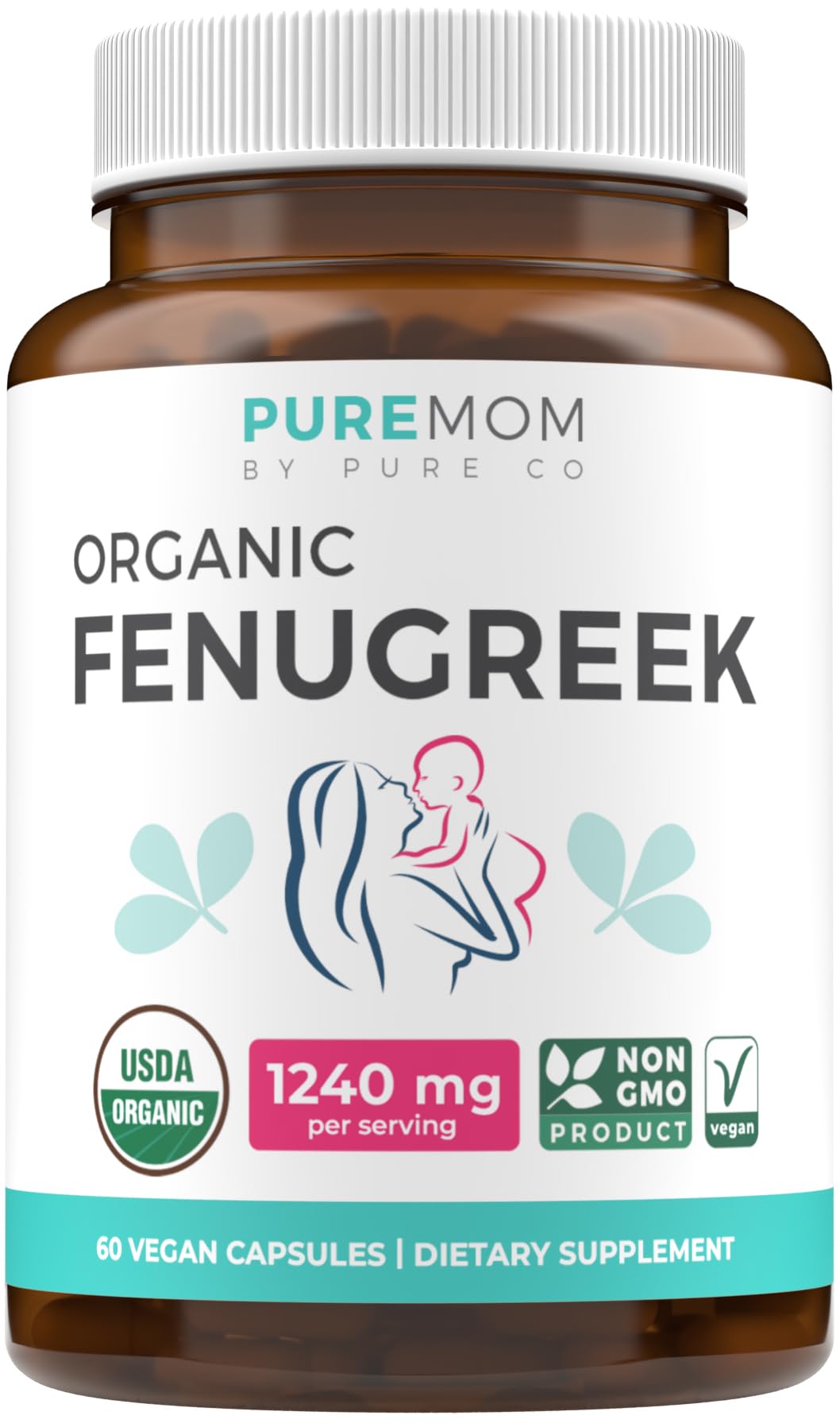 PURE CO Fenugrec: bouteille visible; soutien potentiel à la lactation naturelle.