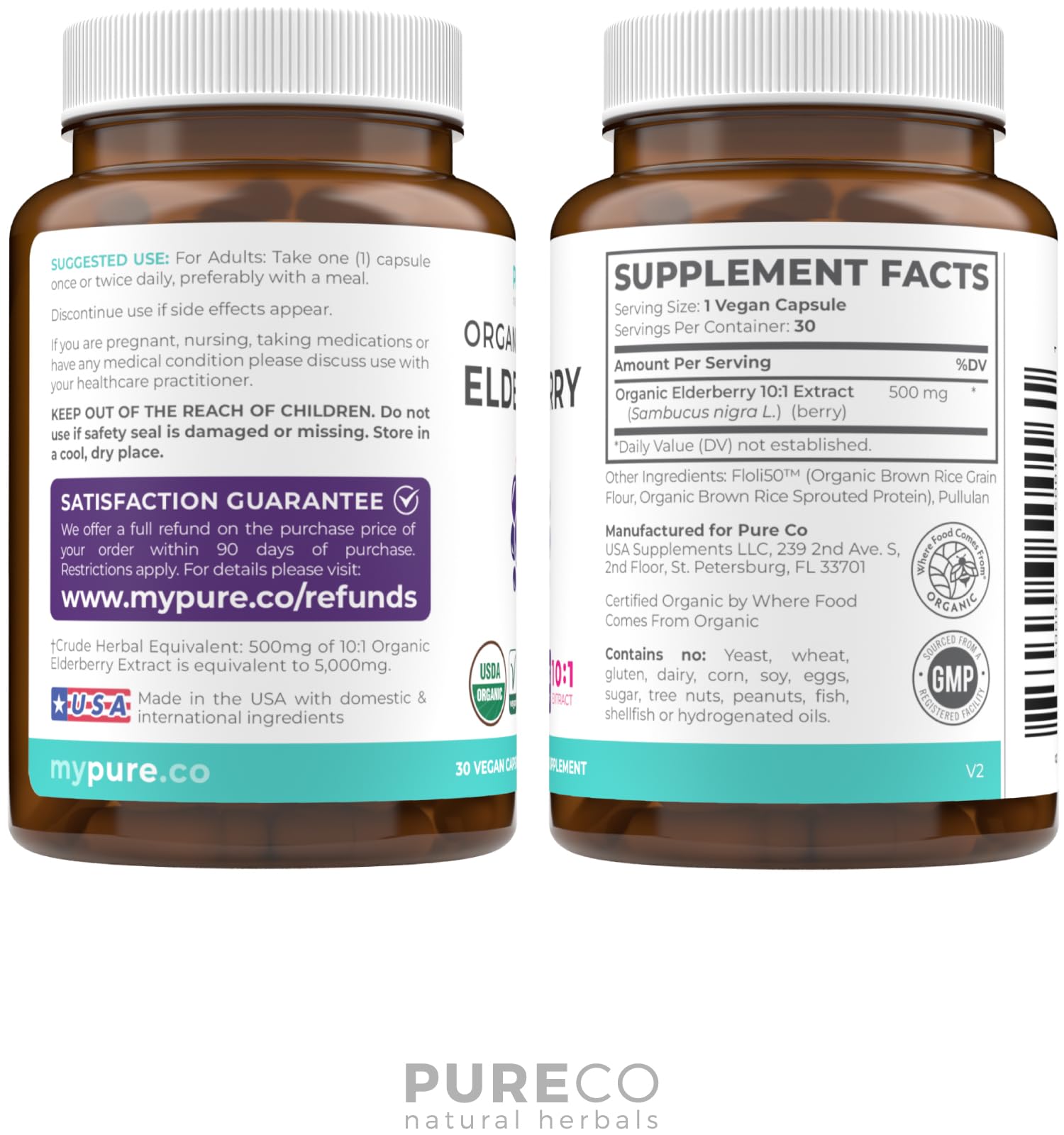 Pure Co, informations claires sur l'étiquette, ingrédients et origine bio.