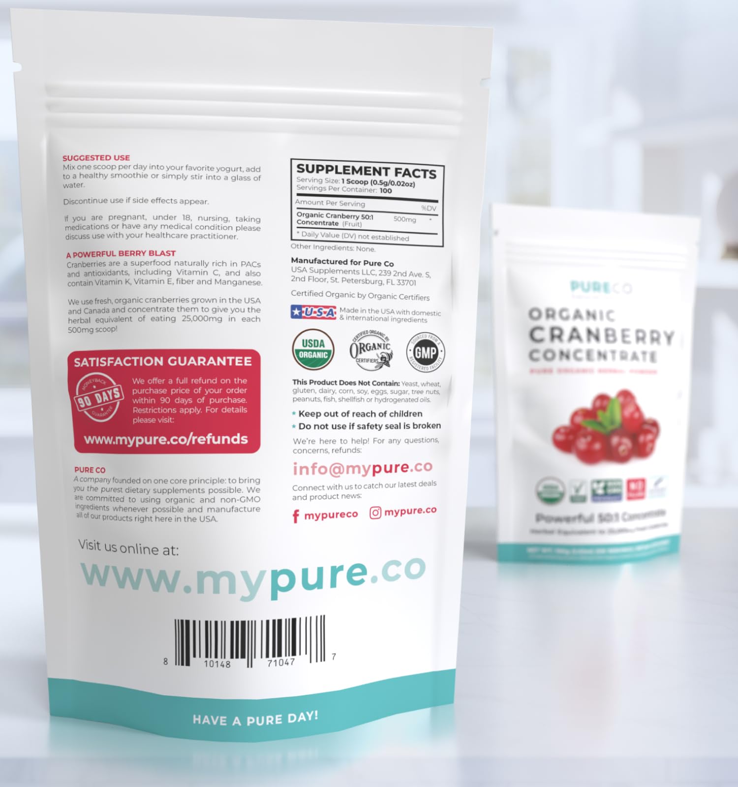 PURE CO Mélange facile canneberge en poudre dans eau ou smoothie.
