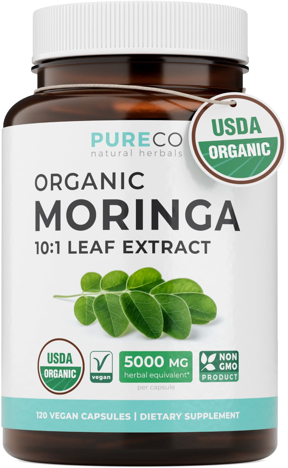 Gélules Pure Co Moringa dans bouteille bio USDA, soutien énergétique potentiel.