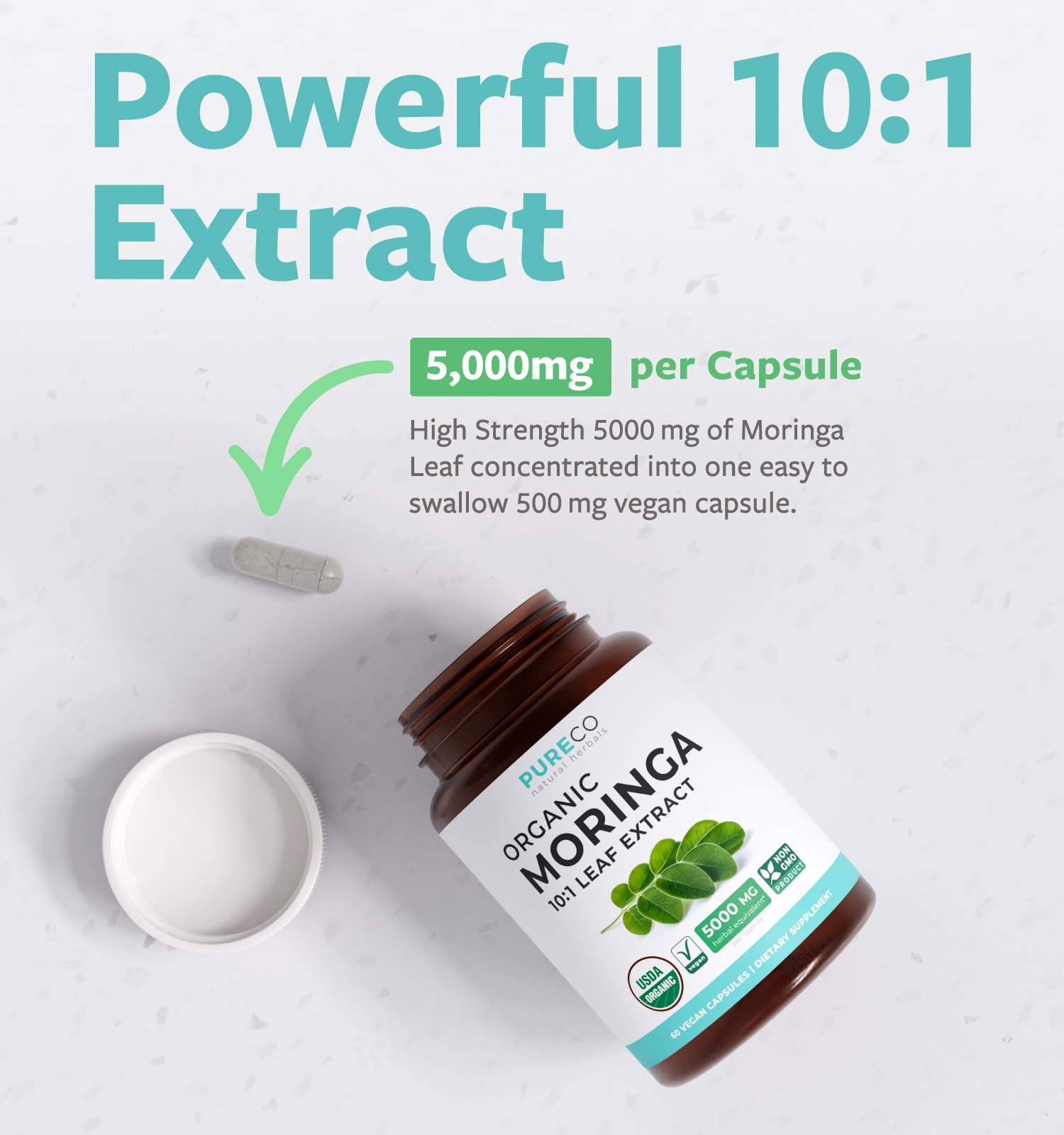 Étiquette biologique sur les capsules Pure Co Moringa, certification bio.
